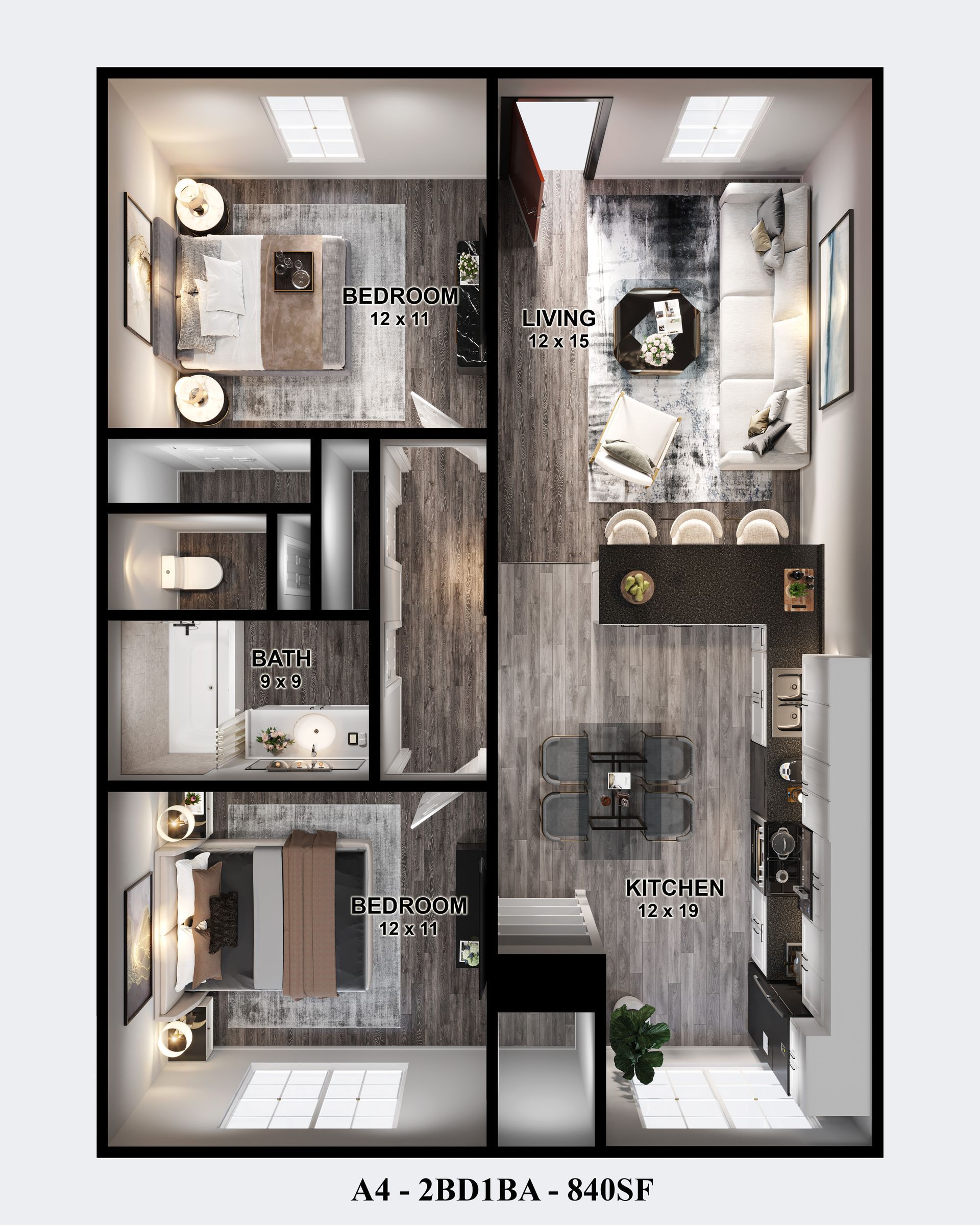 Floor plan of remodeled 840 sq ft 2-bed apartment at Gia Memorial, in Memorial Houston.