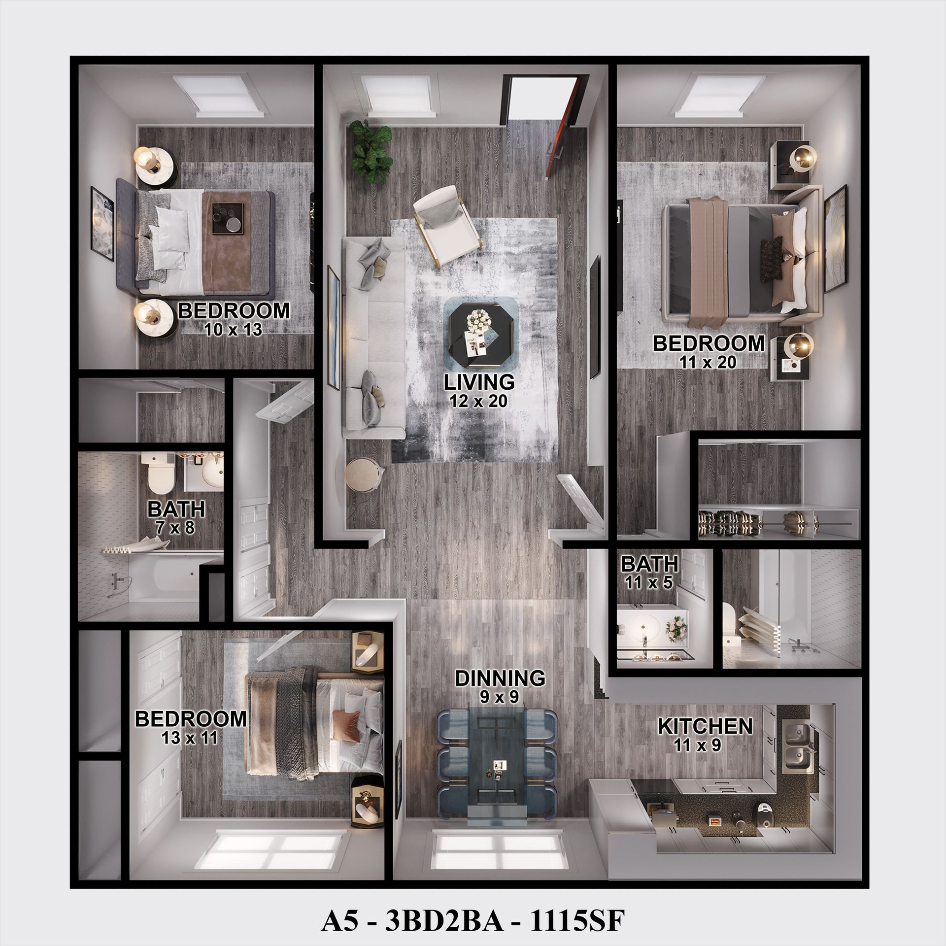 Spacious 1,115 sq ft 3-bedroom, 2-bath floor plan at Gia Memorial, ideal for remodeled Houston apartments.