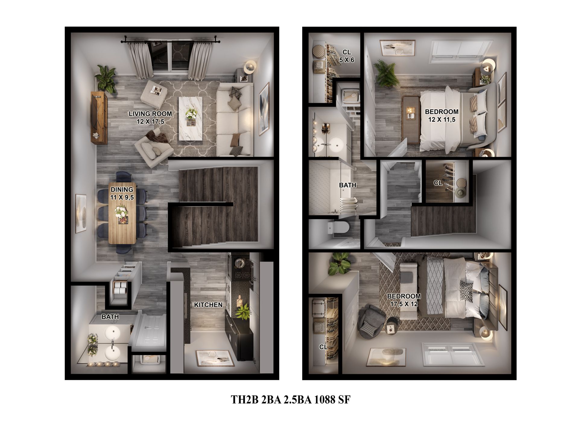 Floor Plan: 2 Bed 2.5 Bath Townhome
