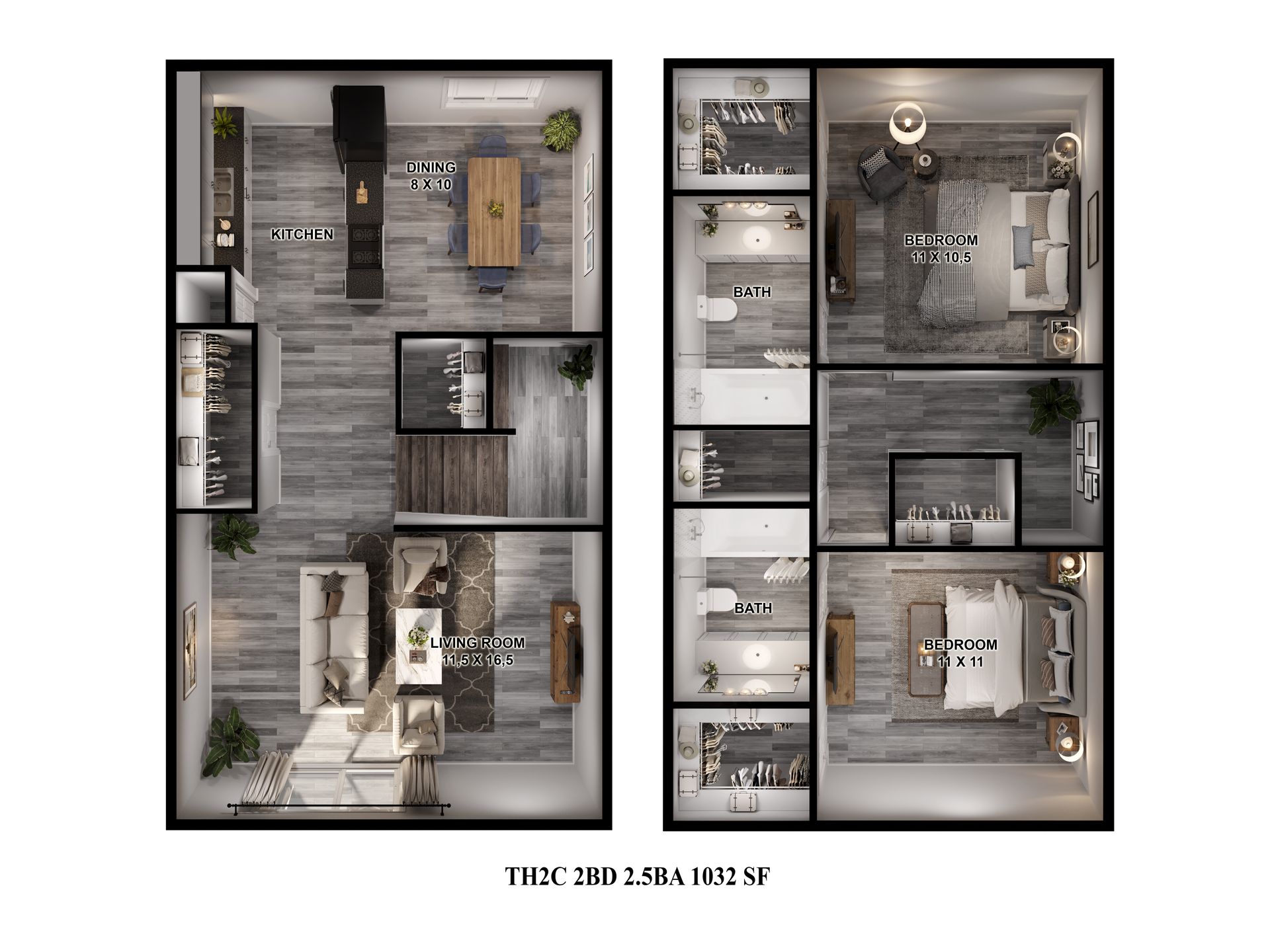 Floor Plan: 2 Bed 2.5 Bath Townhome