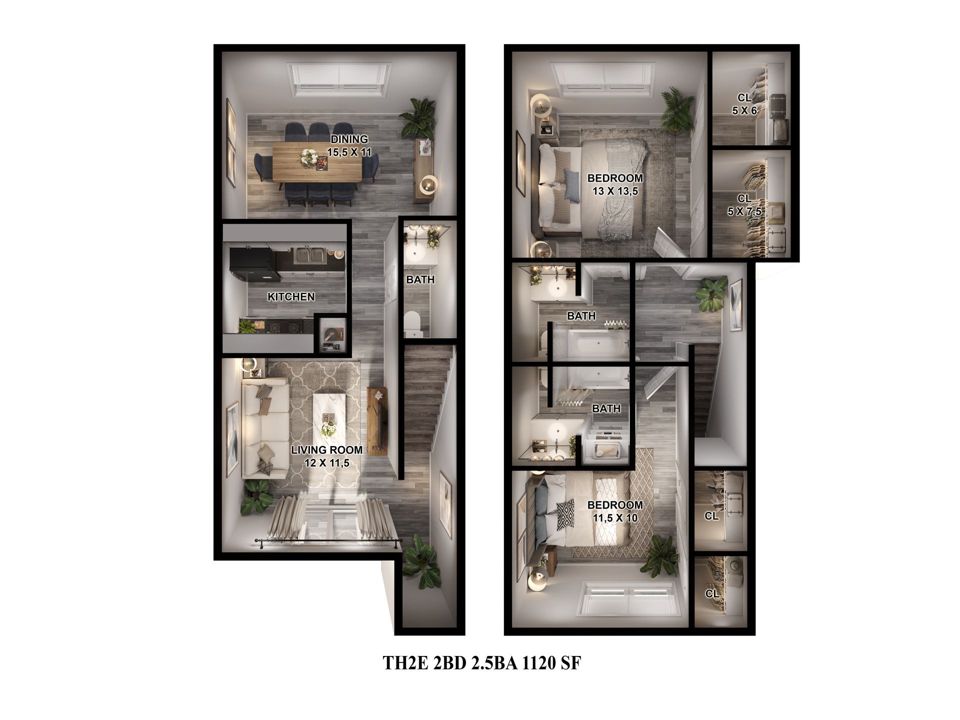 Floor Plan: 2 Bed 2.5 Bath Townhome