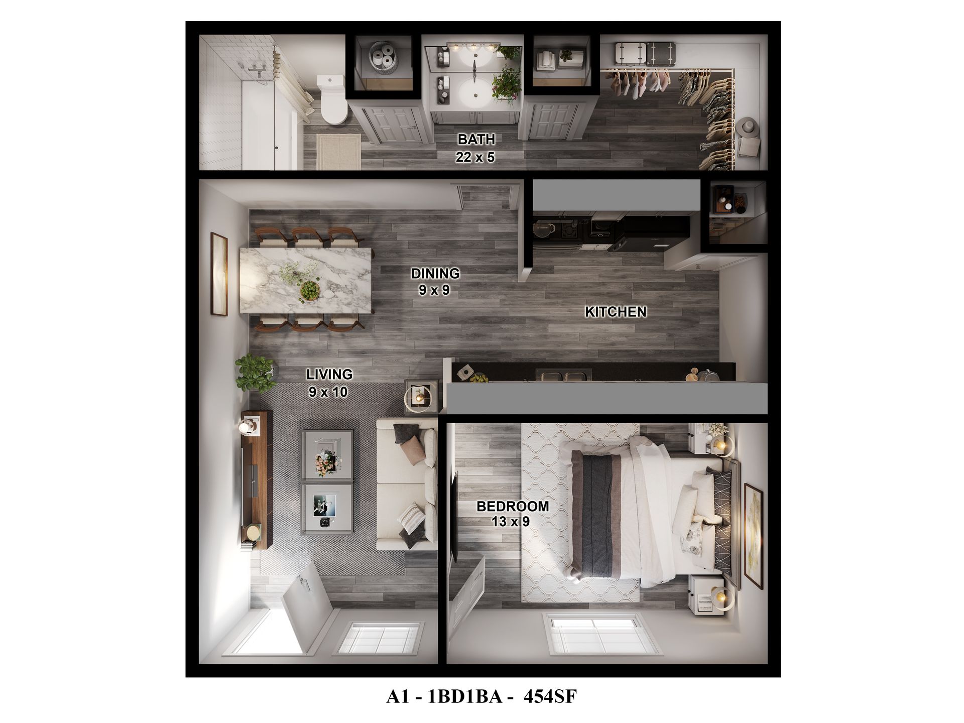 GIA Westchase 454 sq ft 1-bedroom floor plan, perfect for Houston apartments.
