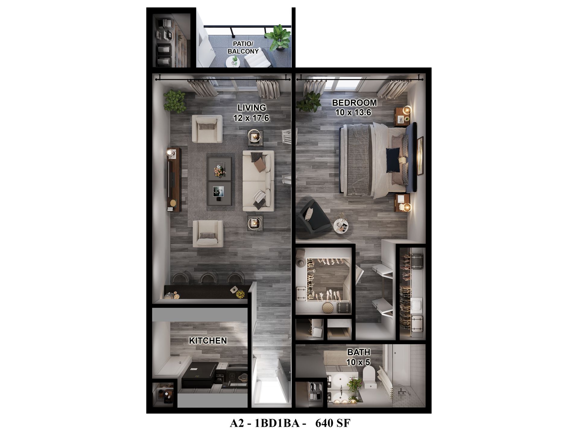 GIA Westchase 640 sq ft 1-bedroom floor plan with balcony, for Houston apartment for rent.