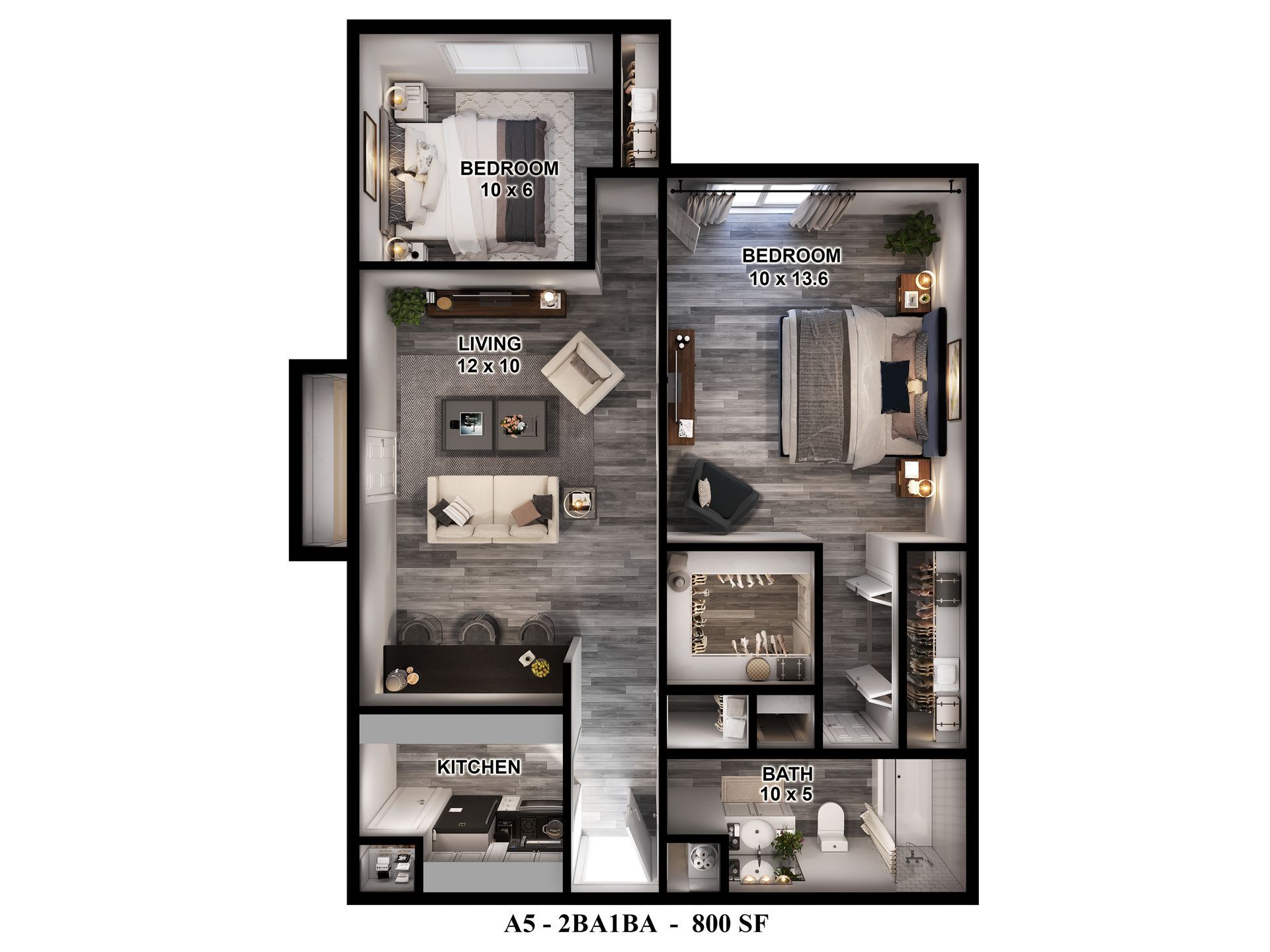 Floor plan of an 800 SF, 2-bedroom apartment at Gia Westchase in Houston, TX, with room dimensions.