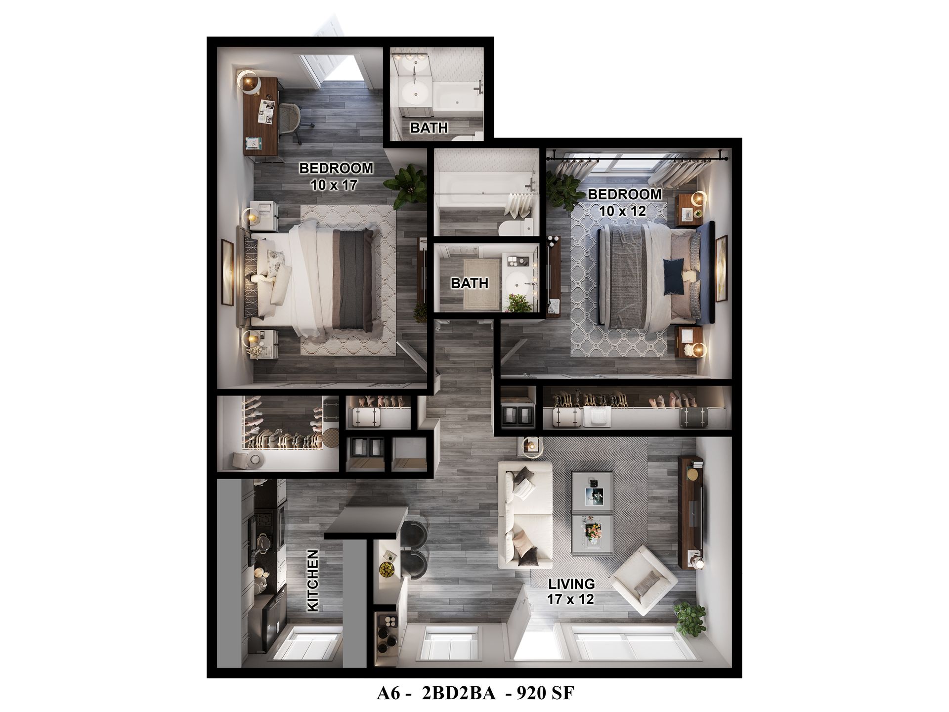 920 sq ft, two-bed two-bath apartment in Houston with a detailed floor plan that shows the dimensions of every room.
