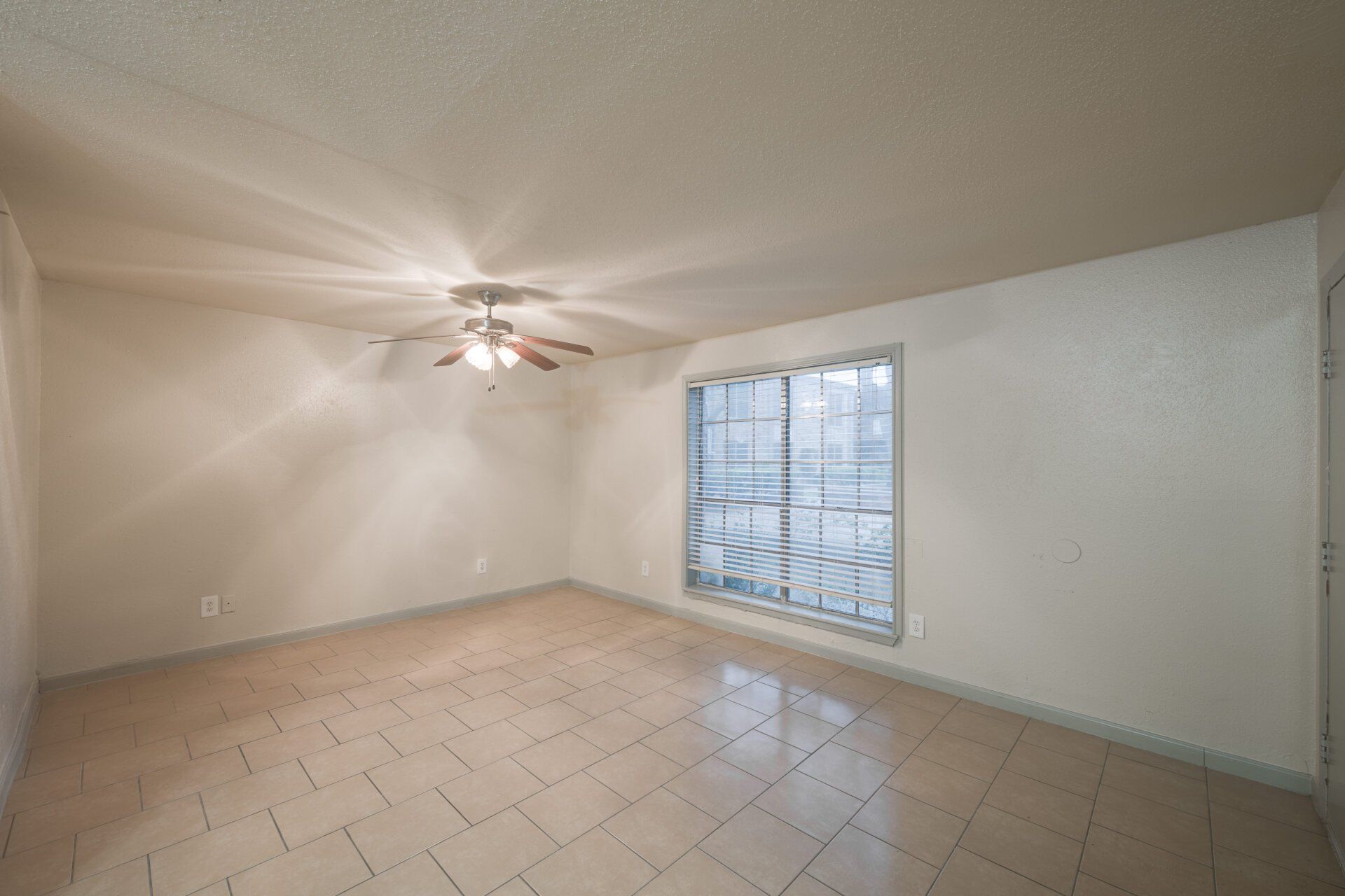Bright second bedroom in a Houston apartment for rent, with a large window and a ceiling fan.