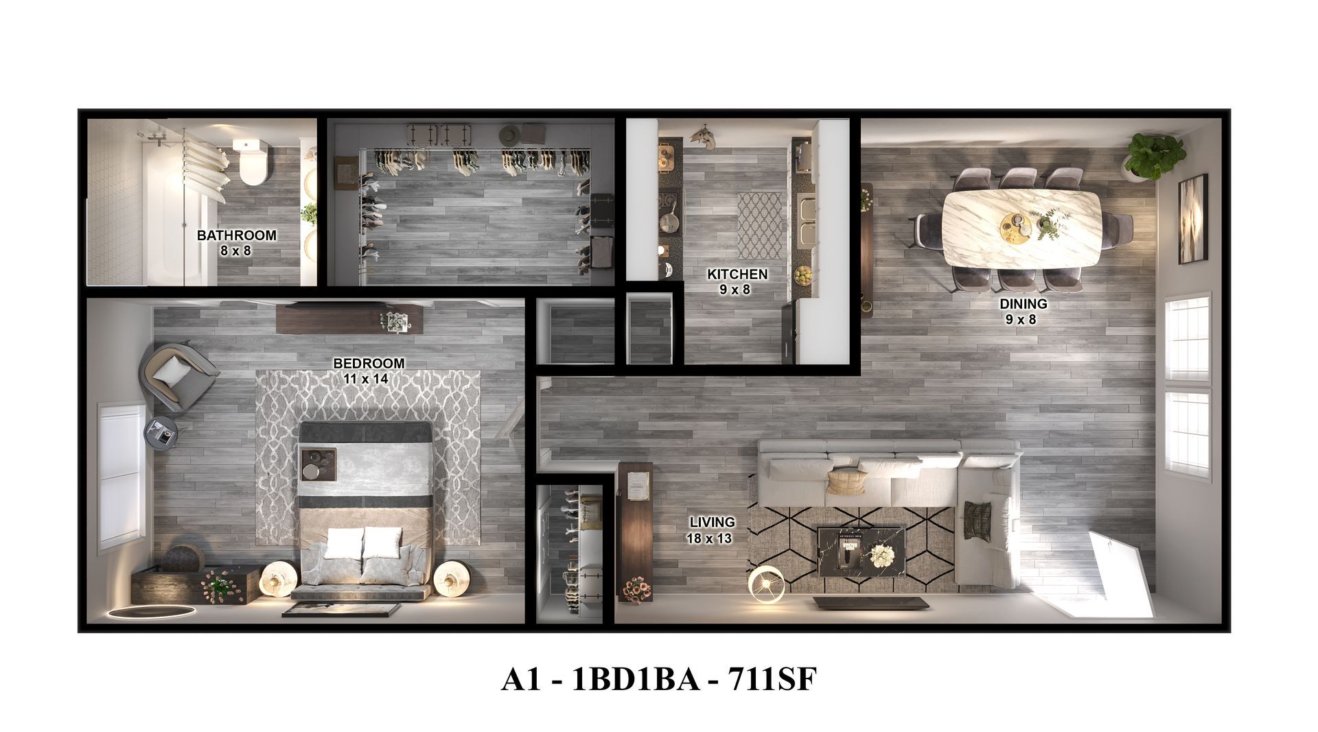 Spacious one-bedroom Houston apartment for rent. Floor plan shows large living room and bedroom.