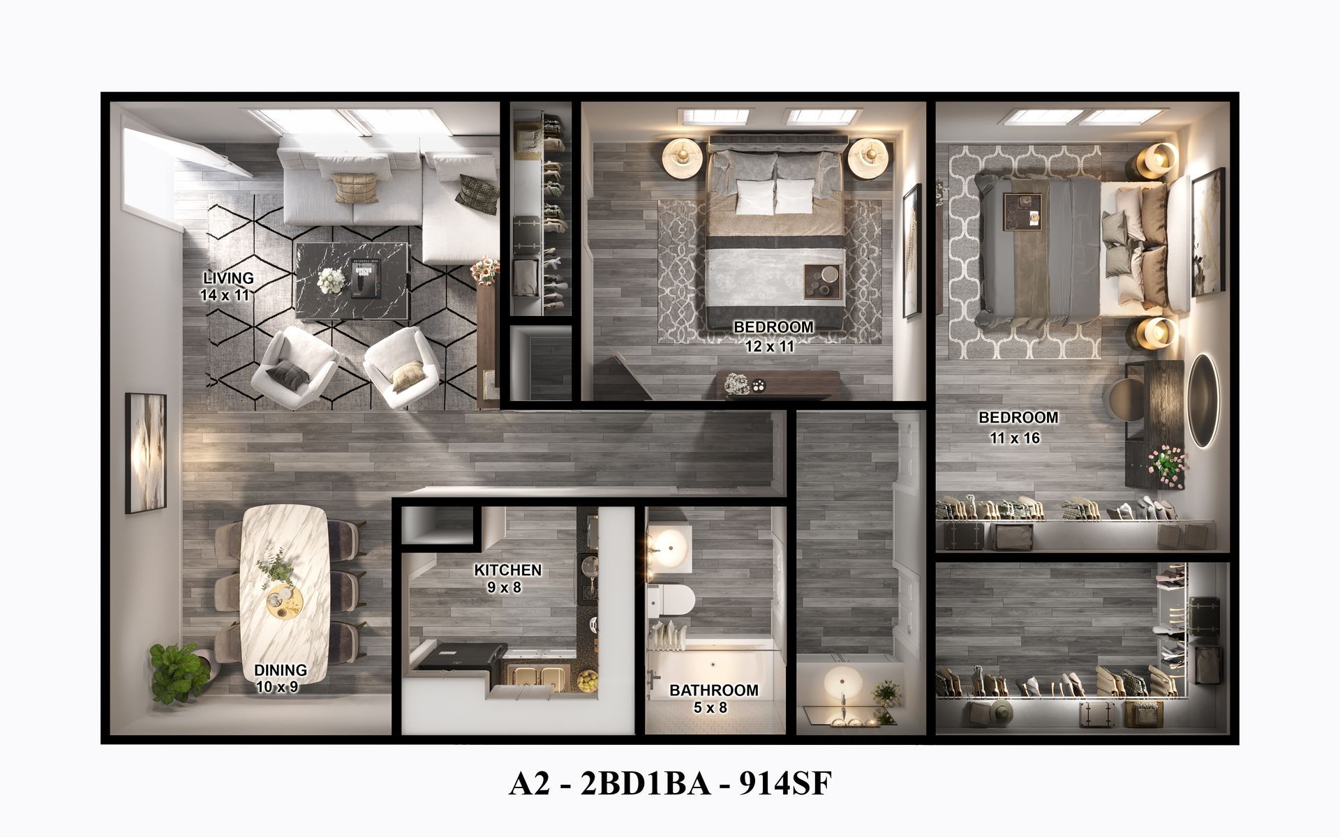 A2 Floor Plan: 914 sq ft, 2-bed, 1-bath apartment for rent in Houston, with spacious, open-concept living.