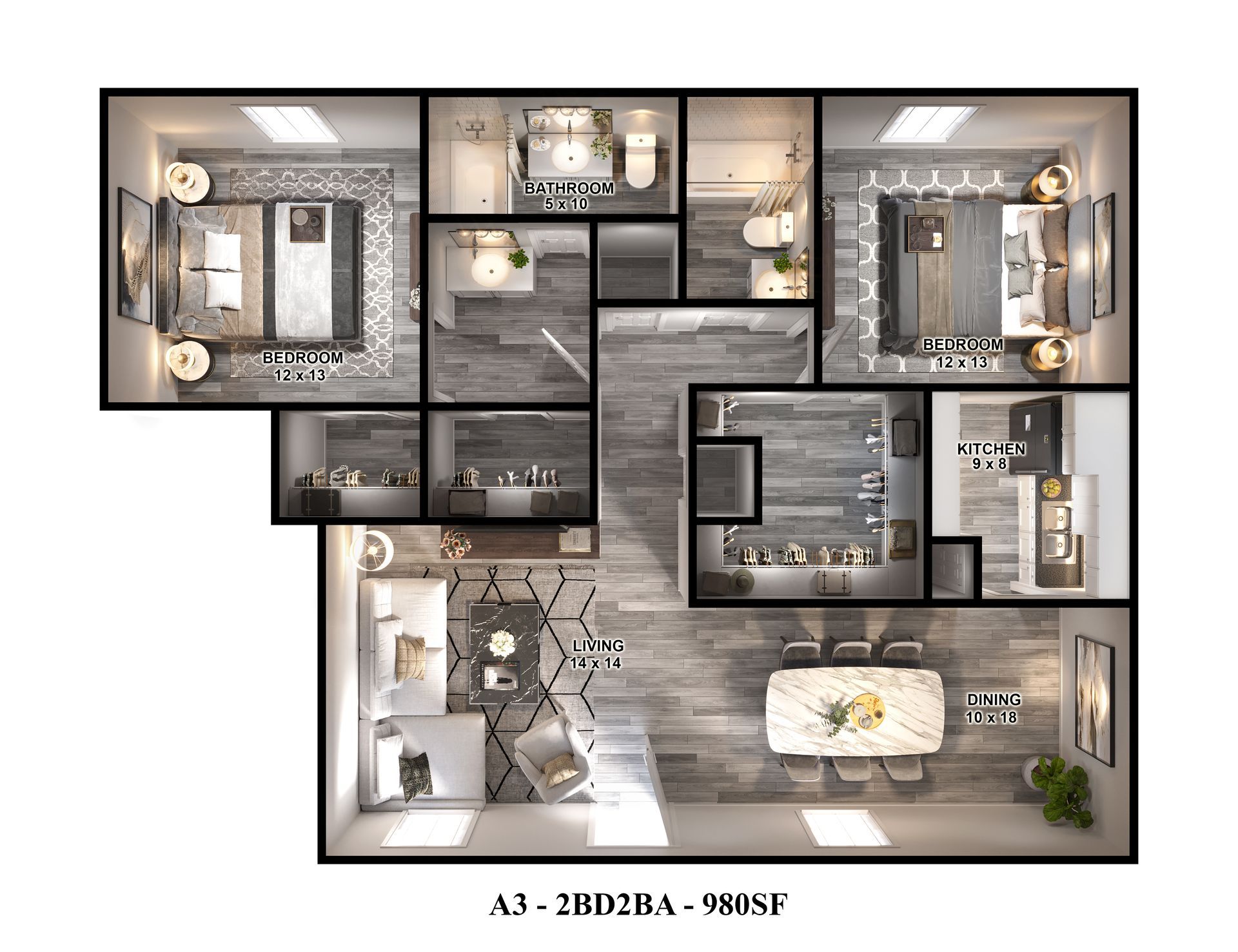 Spacious two-bedroom, two-bathroom floor plan for an apartment for rent in Houston, with an open layout.