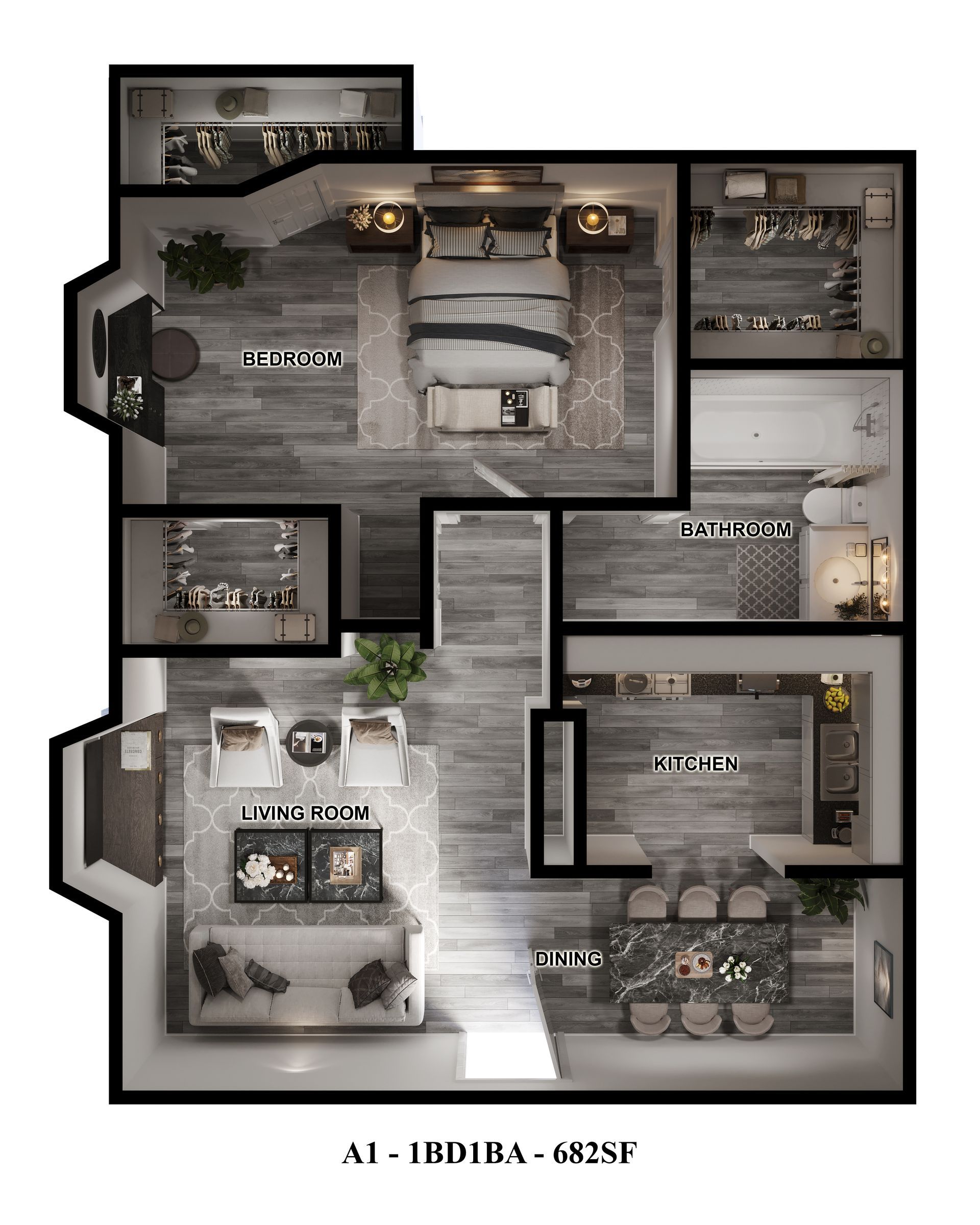 1-bed Houston apartment for rent floor plan, 682 sq ft: full kitchen, living, dining.