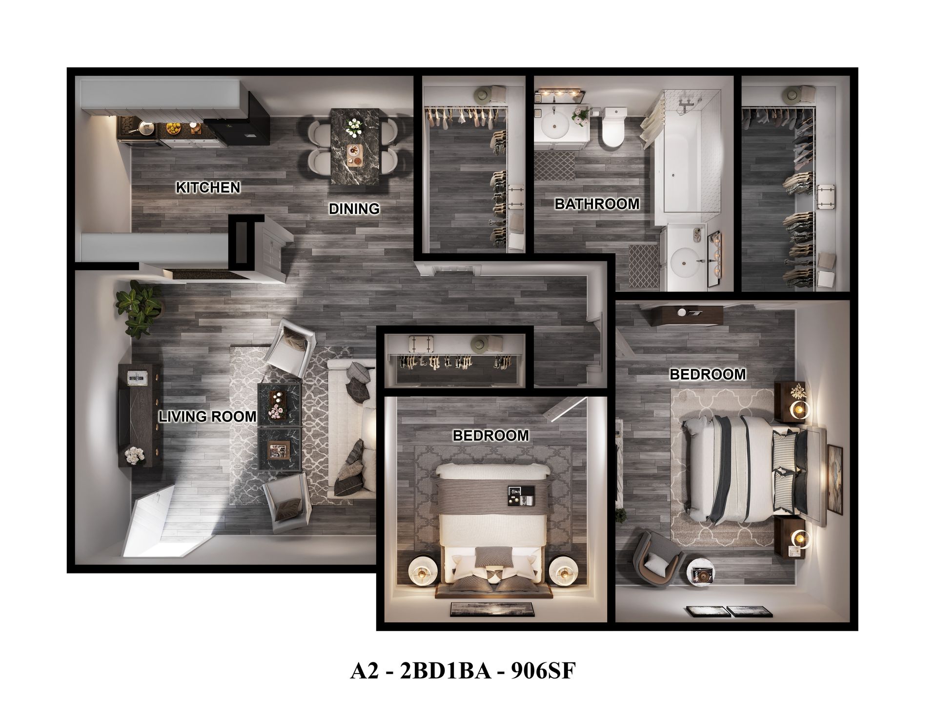 Spacious 906 square foot, two-bedroom Houston apartment layout, featuring a full kitchen, dining room, and living room.