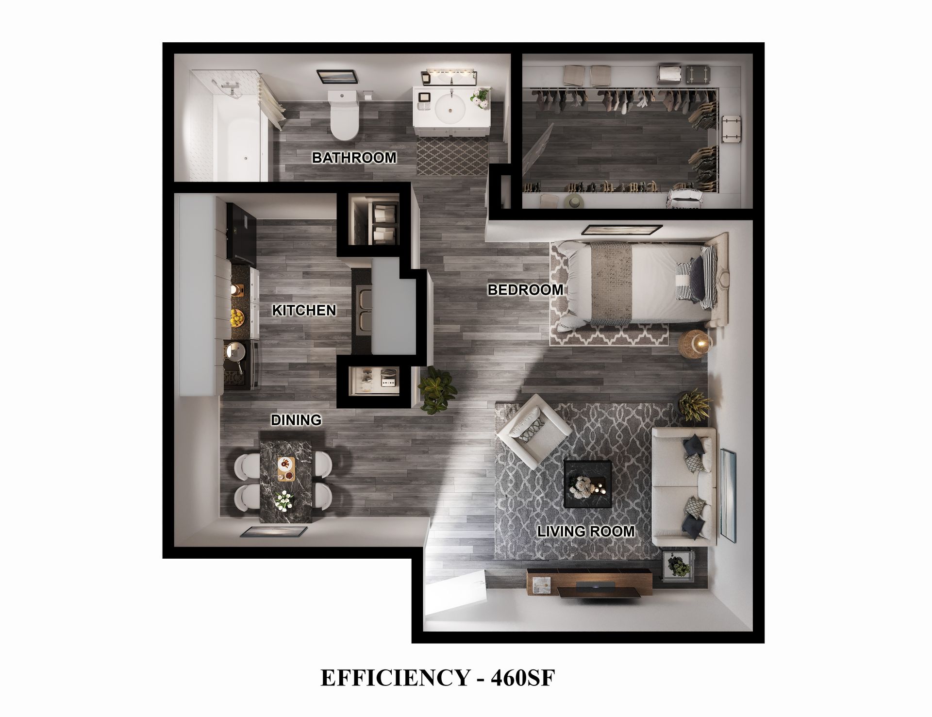 Floor plan of a 460 sqft studio apartment in Houston, detailing the layout of the kitchen, bathroom, and main living area.