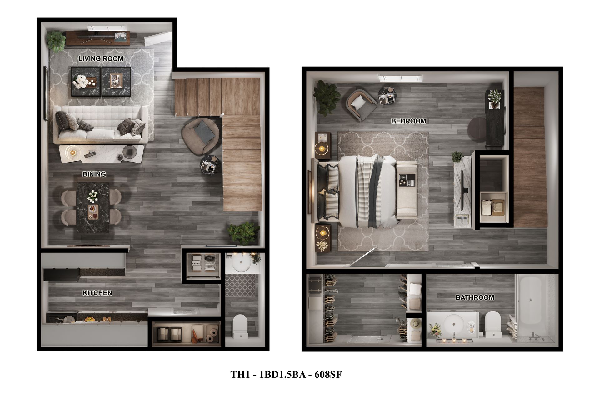 Spacious 1-bed, 1.5-bath Houston apartment floor plan, showing convenient layout.