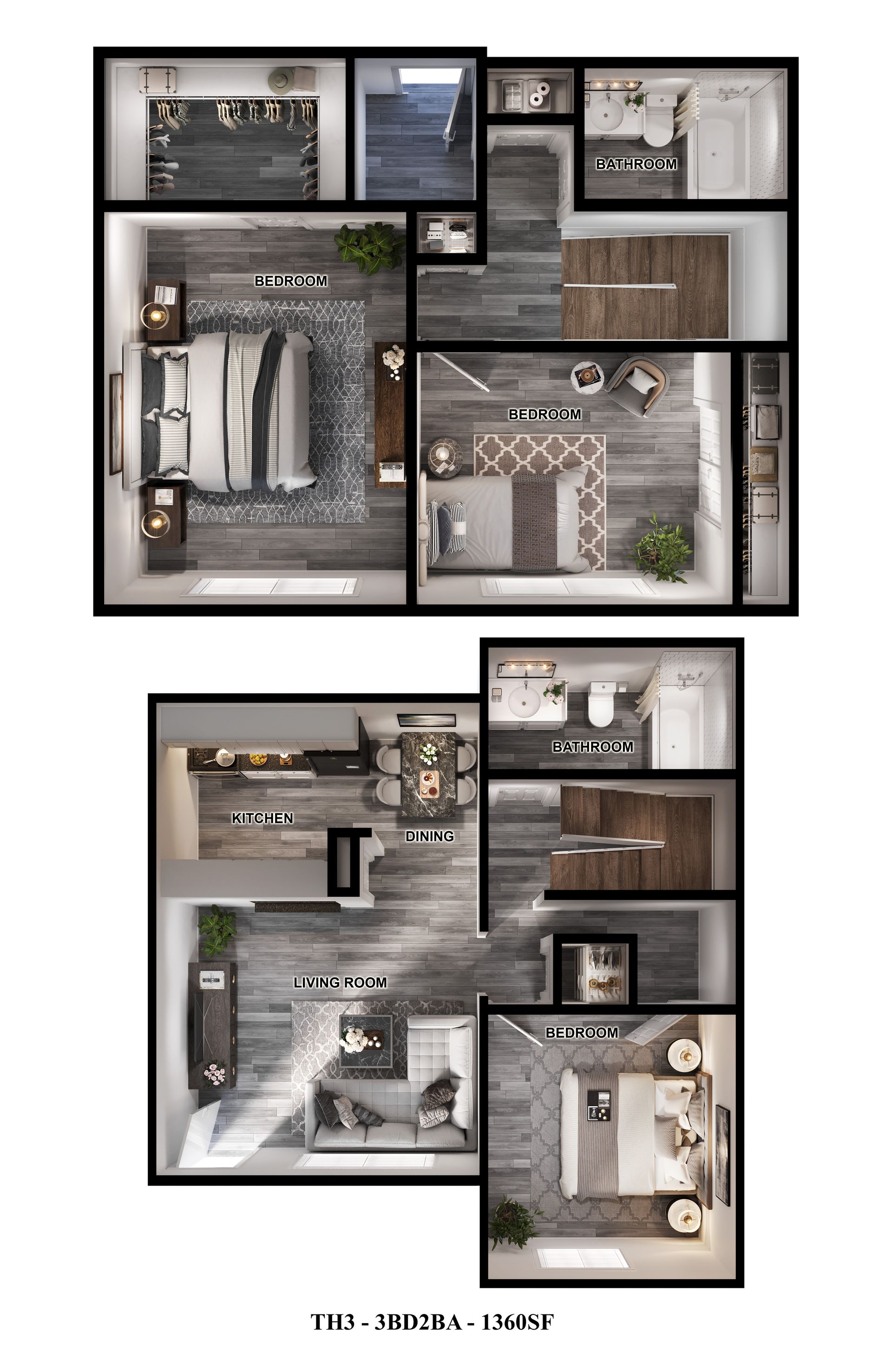 Floor plan of a 3-bed, 2-bath Houston townhouse for rent, showing kitchen, dining, and living areas.
