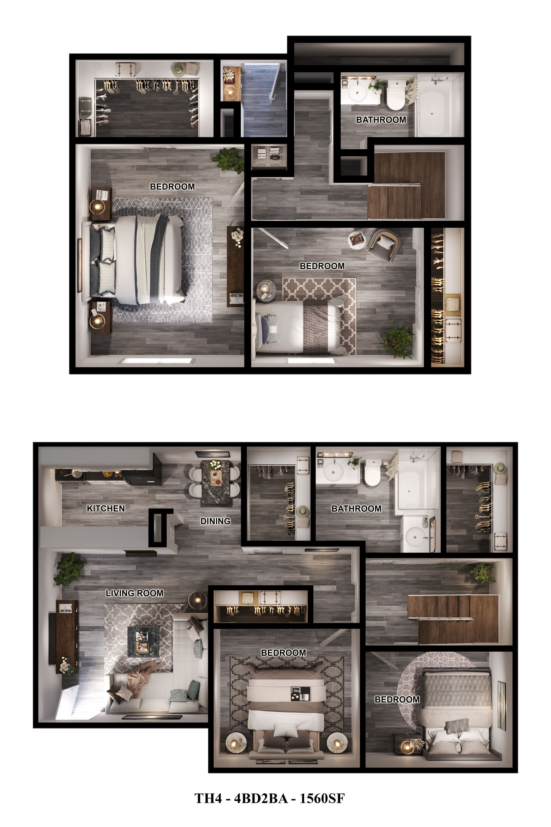 Floor plan of a 4-bed, 2-bath Houston apartment for rent. Shows kitchen, dining, and living areas.