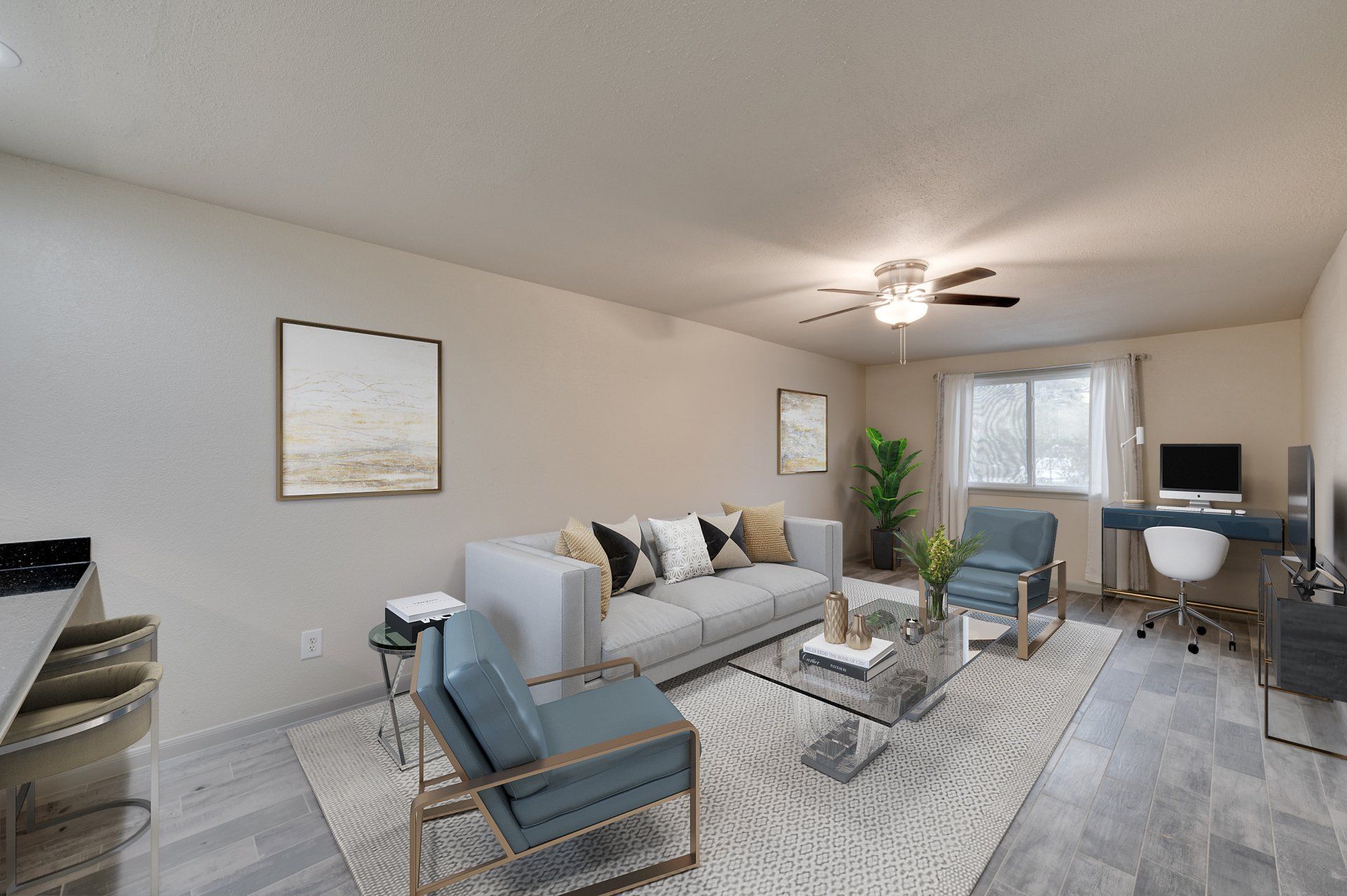 Modern living room with luxury flooring, showcasing Westchase District Houston apartments.