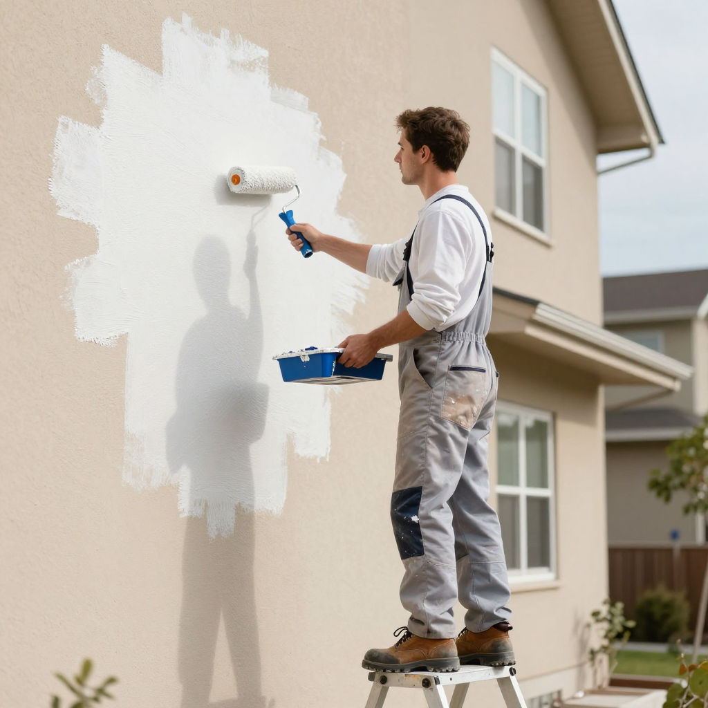 Hombre en un taburete pintando con pintura blanca el exterior de una casa de color canela, con un rodillo y una bandeja.