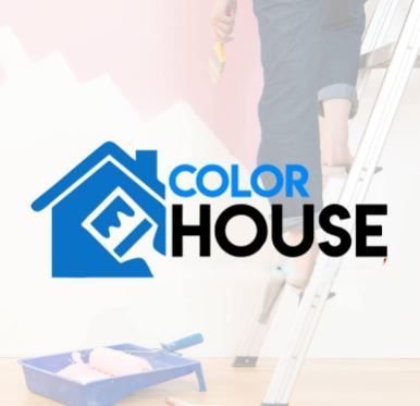 Logotipo: Casa azul con rodillo de pintura en su interior; texto 