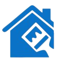 Casa azul con un pincel blanco en su interior, que representa los servicios de pintura de casas.