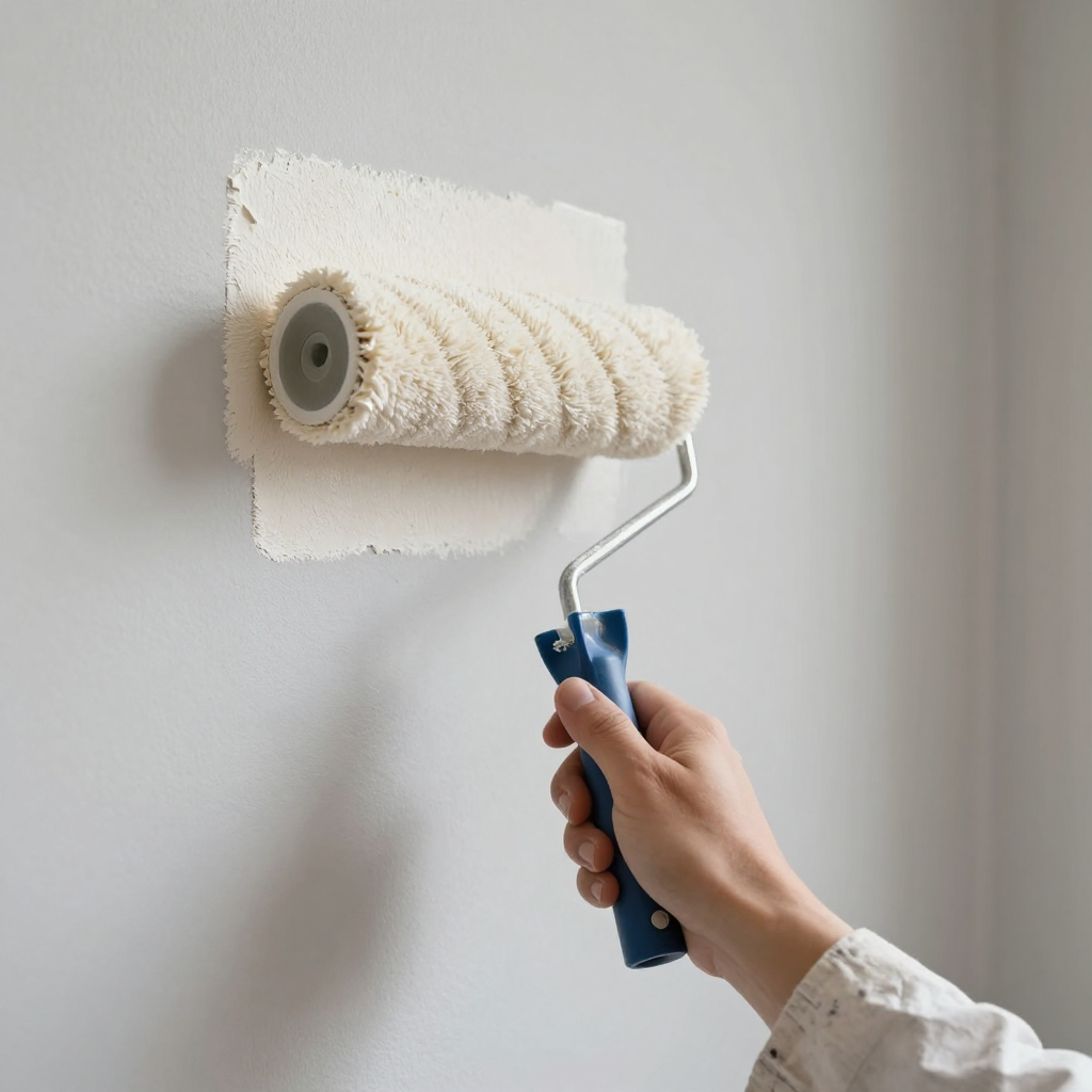 Persona que utiliza un rodillo de pintura sobre una pared blanca, dejando una mancha de pintura color crema.