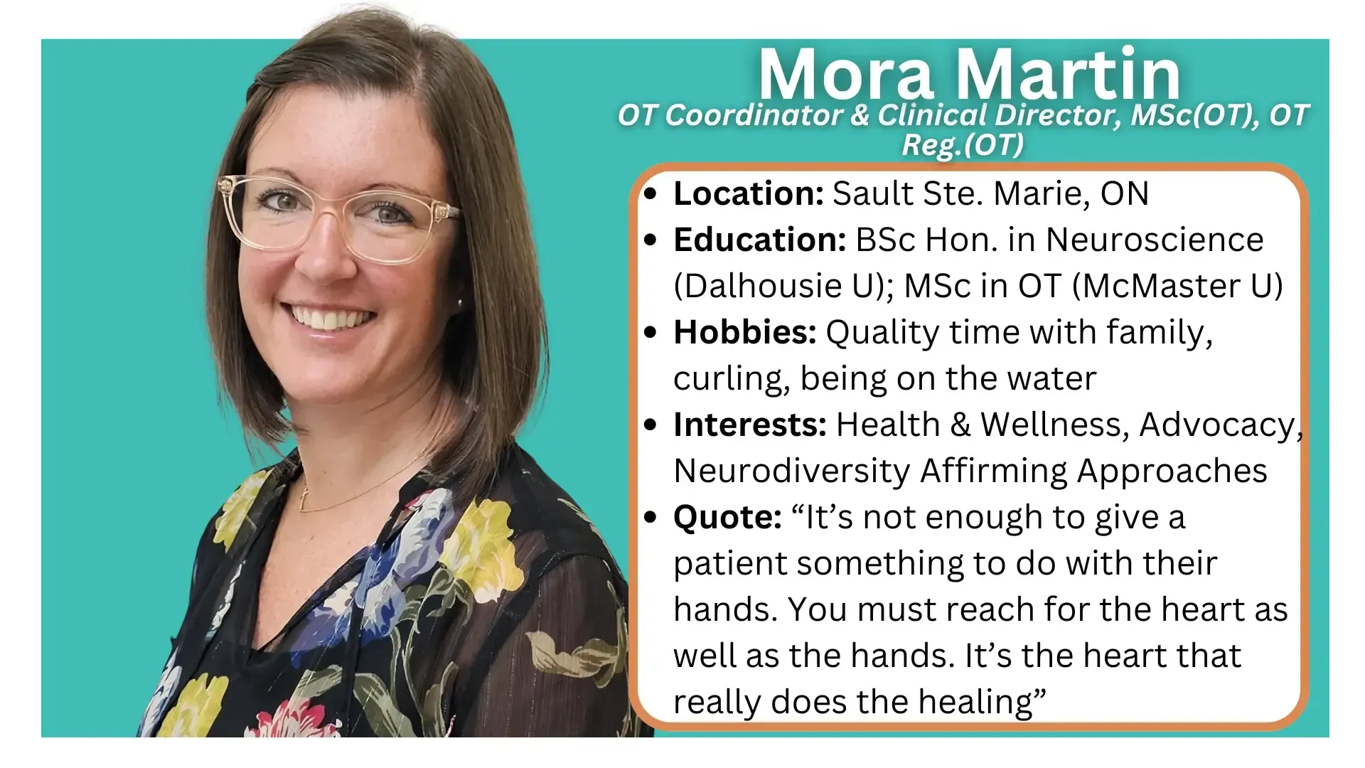 Meet Mora Martin, OT Coordinator & Clinical Director at Spark Rehab. We support adults & children across Northeastern Ontario