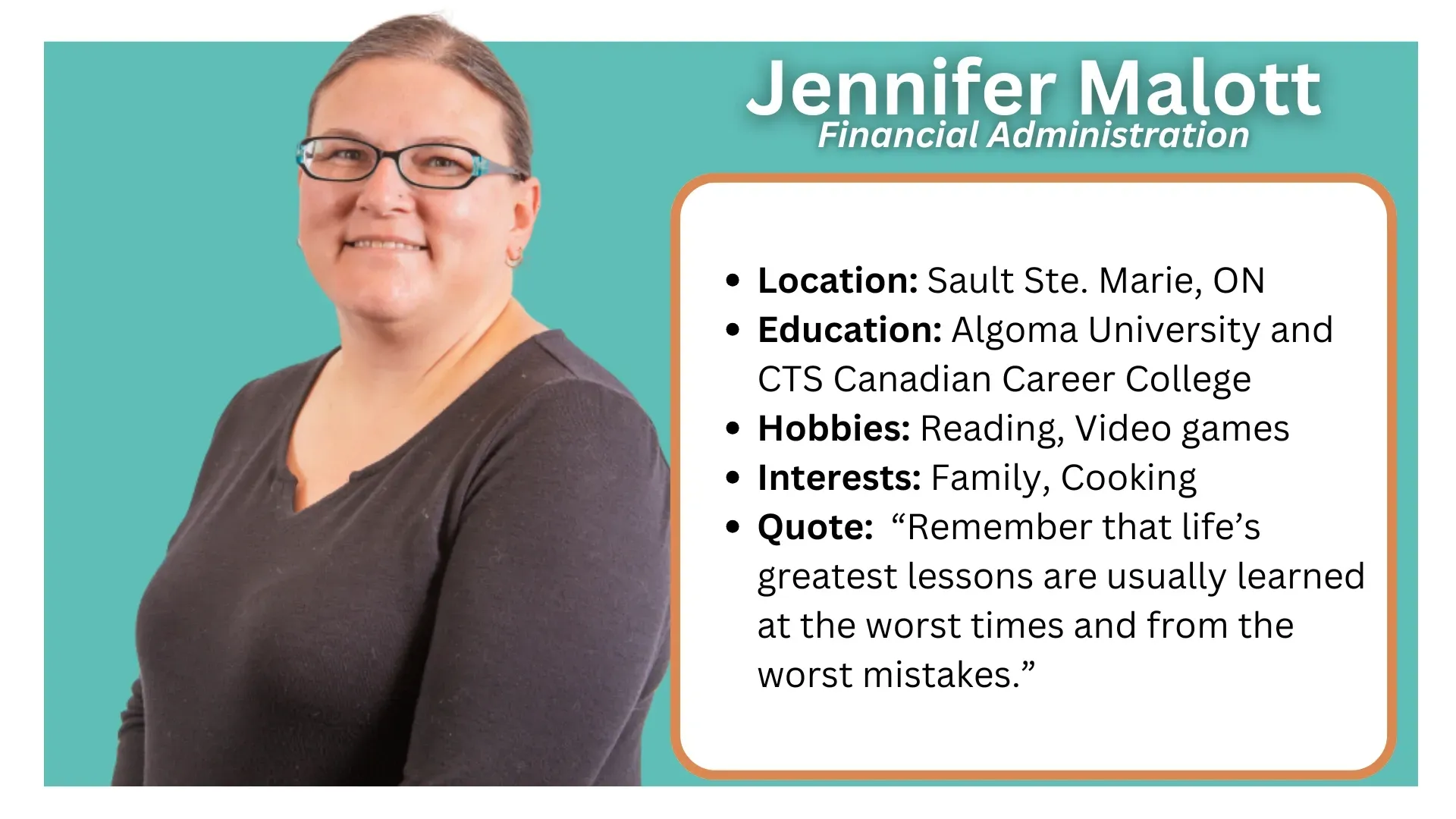 “Meet Jennifer Malott, Financial Admin at Spark Rehabilitation. We support adults and children across Northeastern Ontario.