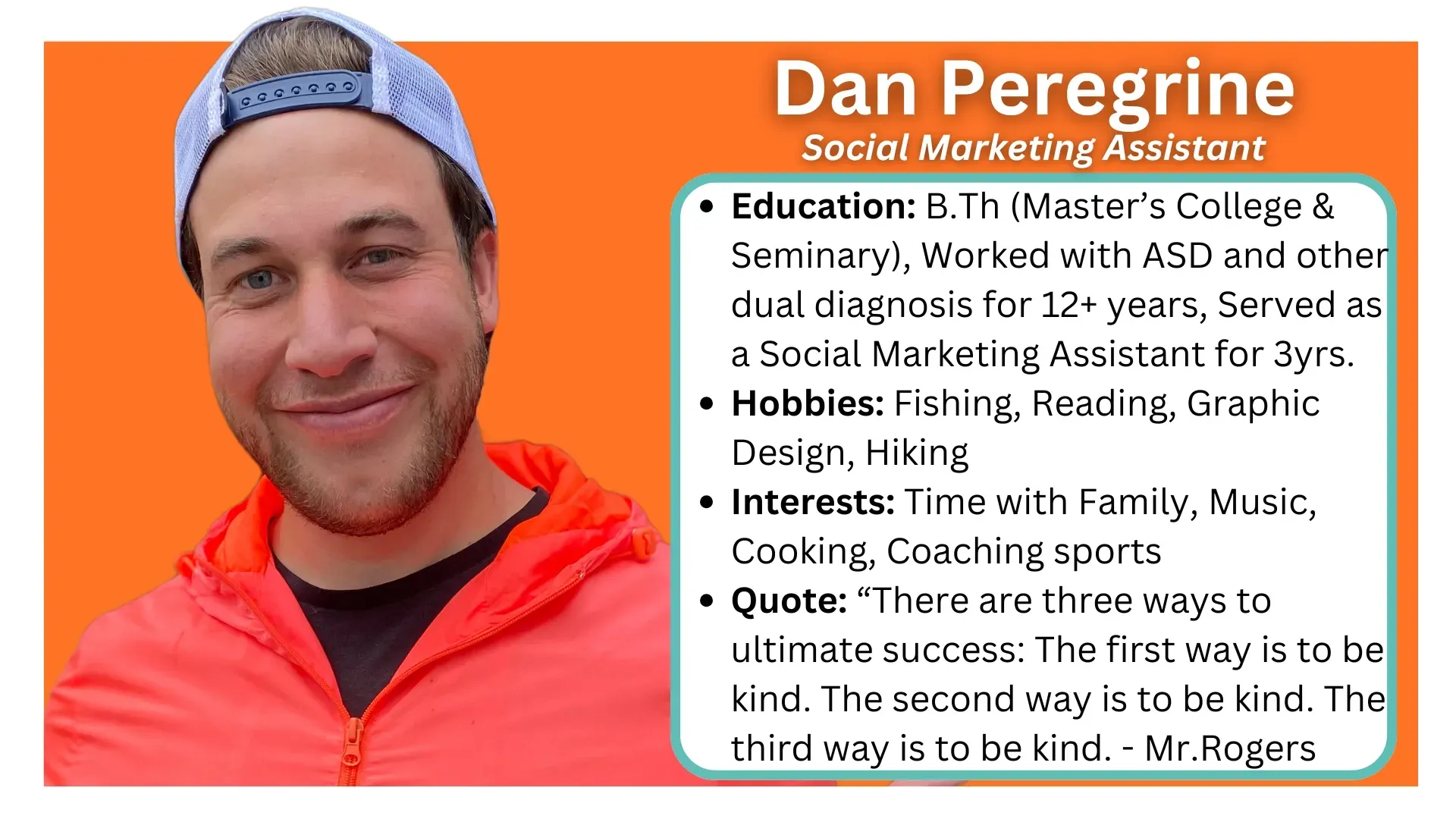 This is Dan Peregrine, contracted Social Marketing Assistant with Spark Rehab since 2022. Owner of Peregrine Social Co.