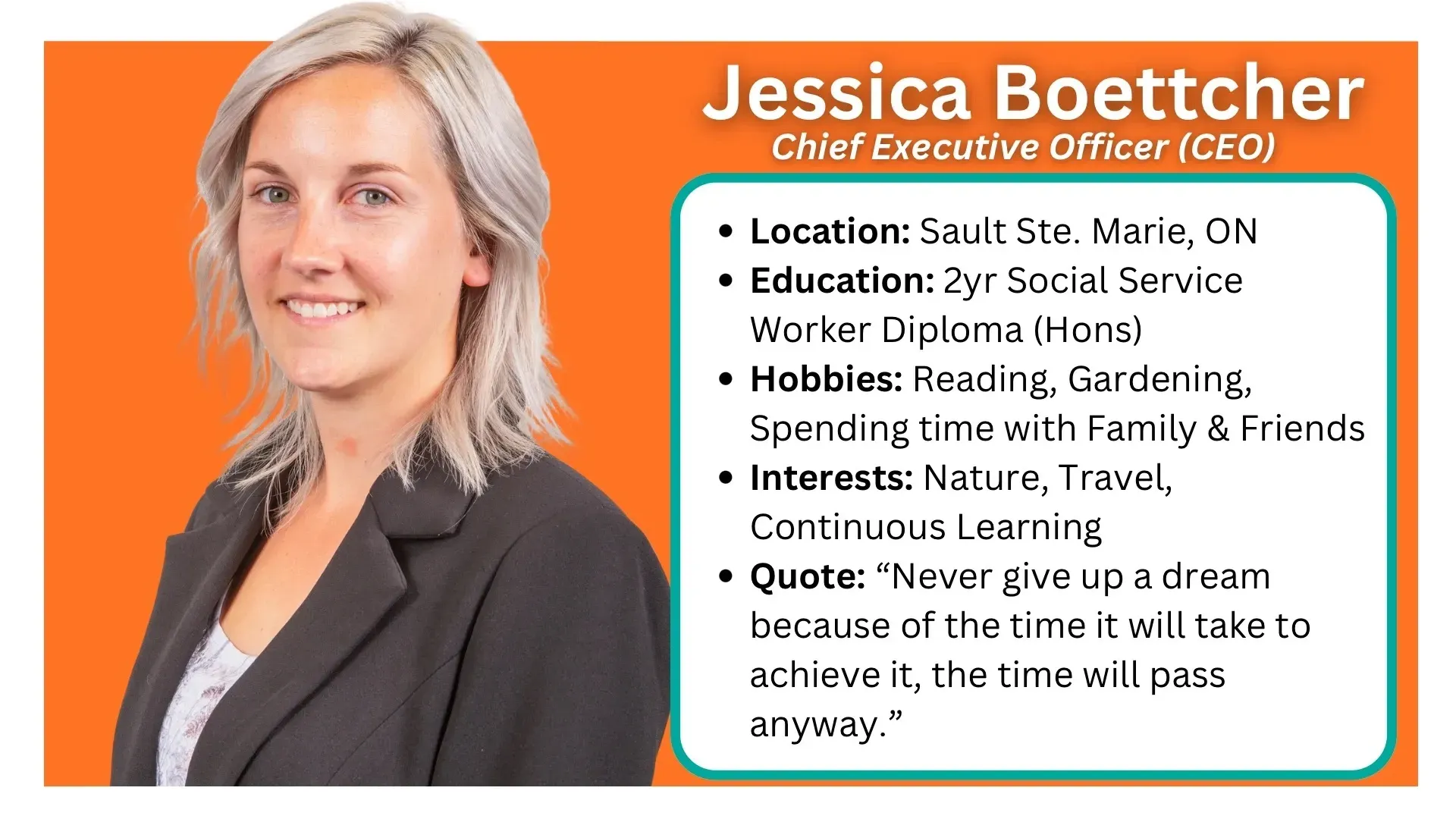 This is Jessica Boettcher, Spark Rehabilitation CEO. We support adults and children across Northeastern Ontario. Contact us!