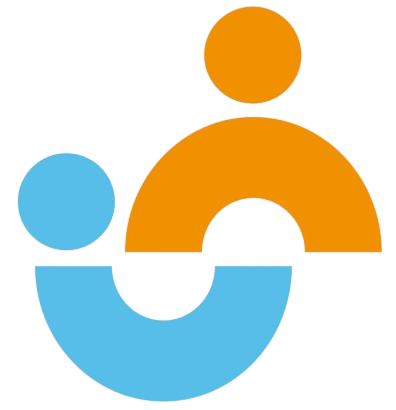 Orange and blue abstract figures representing a parent and child.