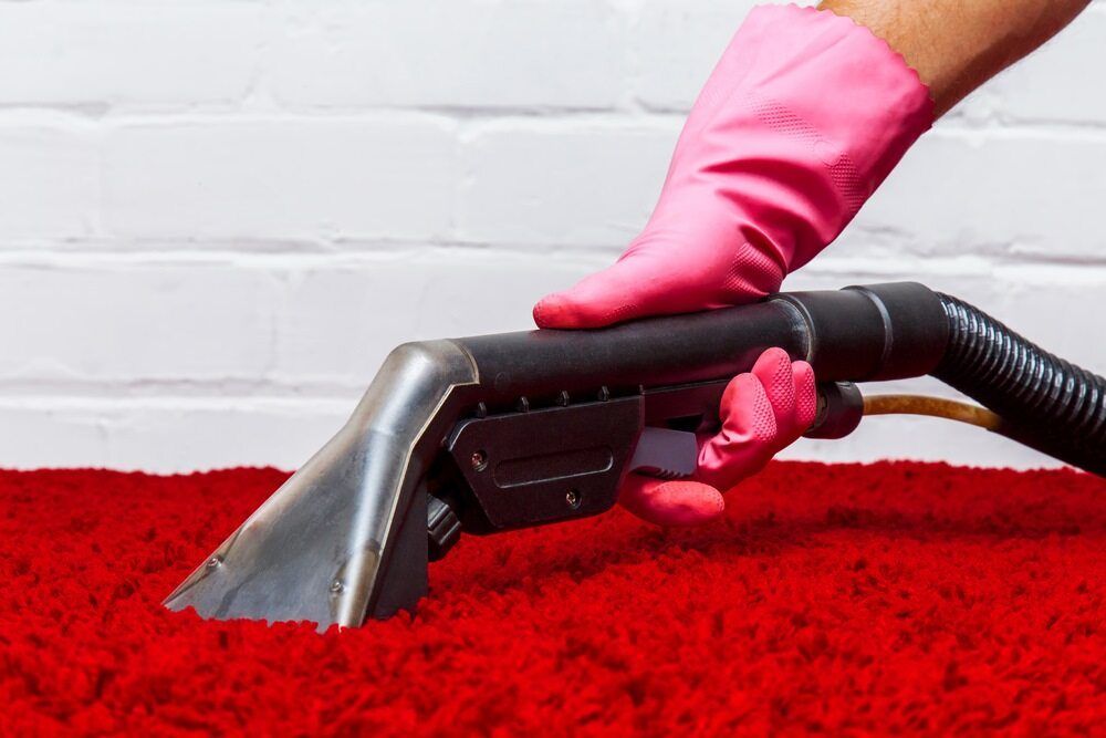 Pink-Gloved Hand Using a Vacuum Cleaner on A Red Carpet — Broadbeach Carpet Cleaning In Broadbeach, QLD