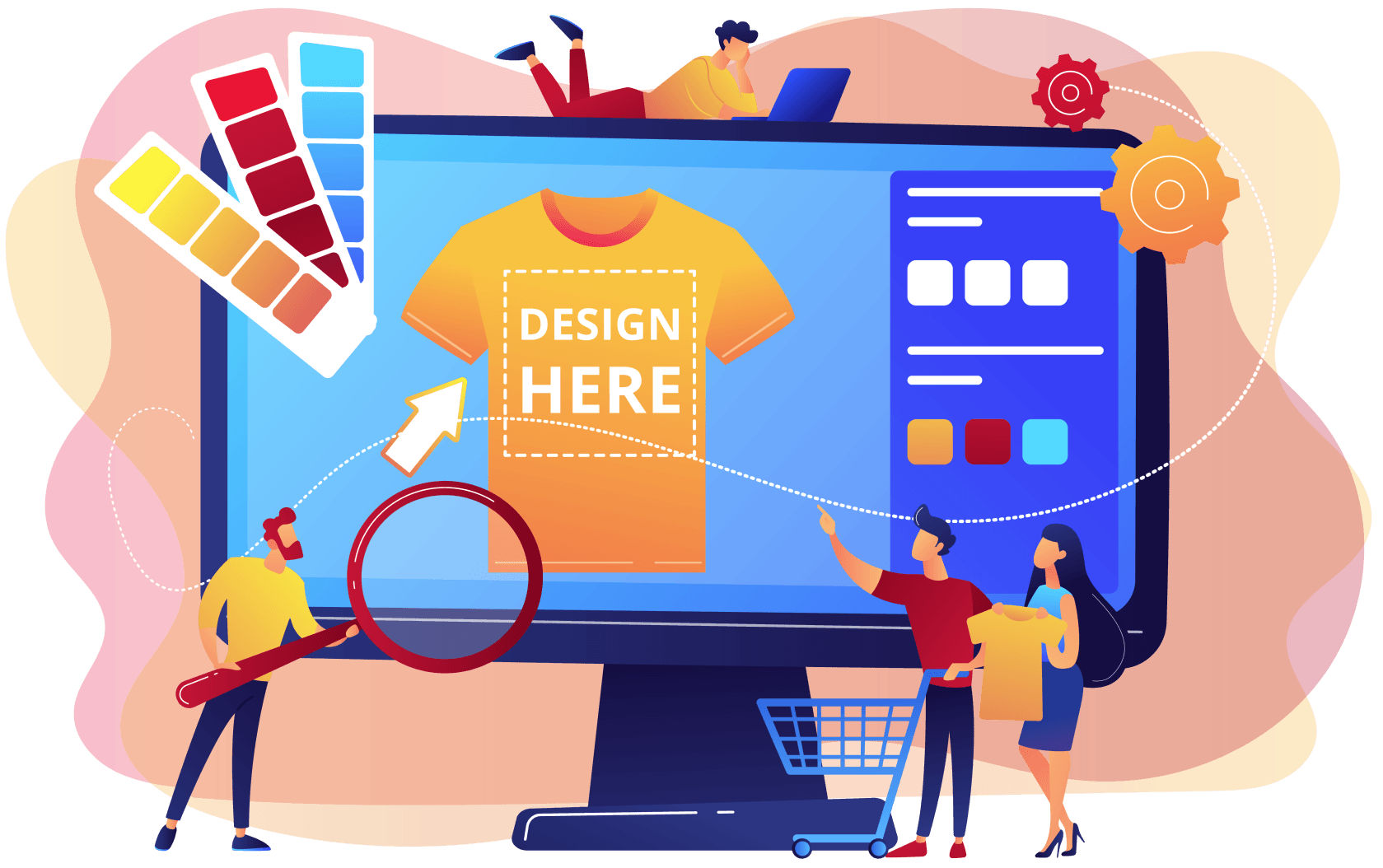 T-shirt print on demand services. Promotional apparel design. Merch clothing, custom merchandise products, merch design service concept. Bright vibrant violet vector isolated illustration