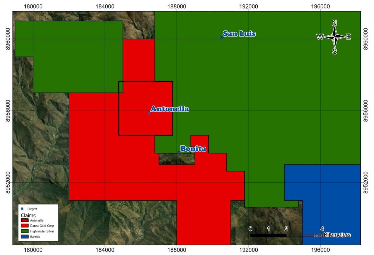 Figure 1. Above represents Daura’s Antonella and Highlander’s Bonita and the surrounding major mining companies who are also active in the region