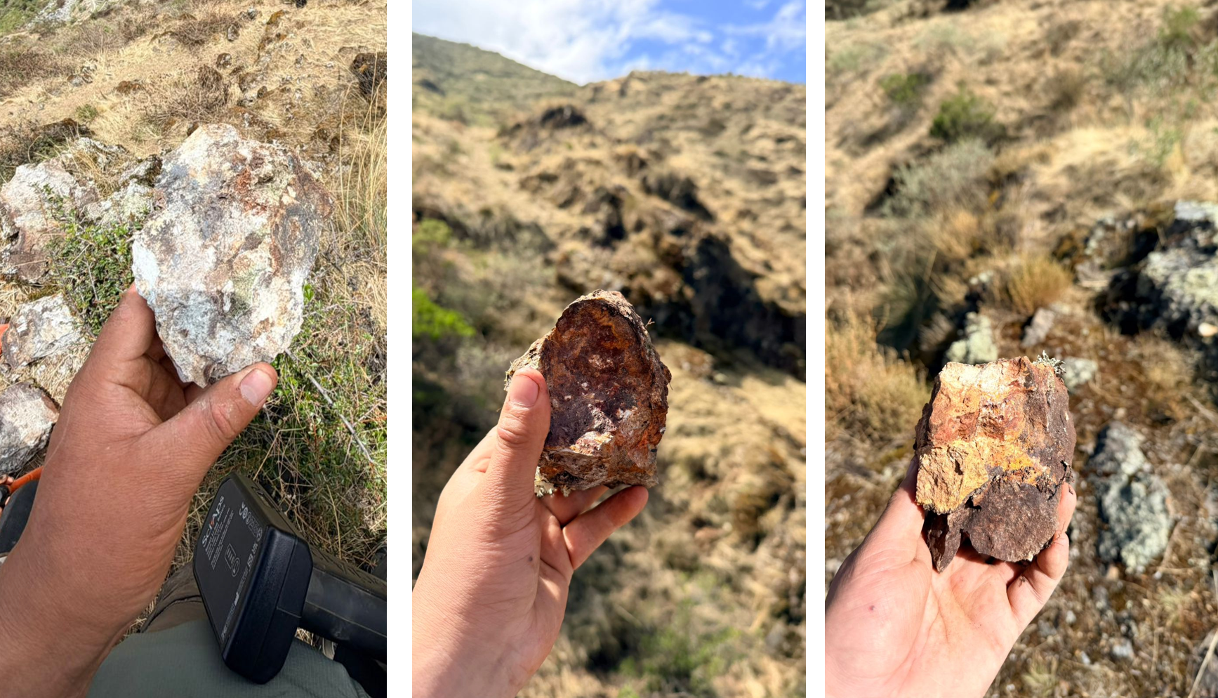 Three views of a hand holding a rock sample against a mountainous landscape. The rocks appear rusty brown.