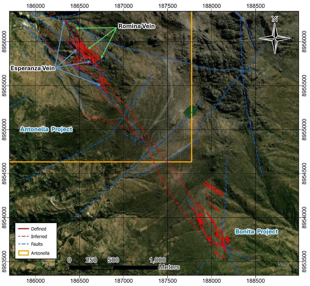 Figure 2: Outcrops of the Romina and Esperanza Veins at Antonella, showing robust surface mineralization trending southeast towards Highlander’s Bonita Project.