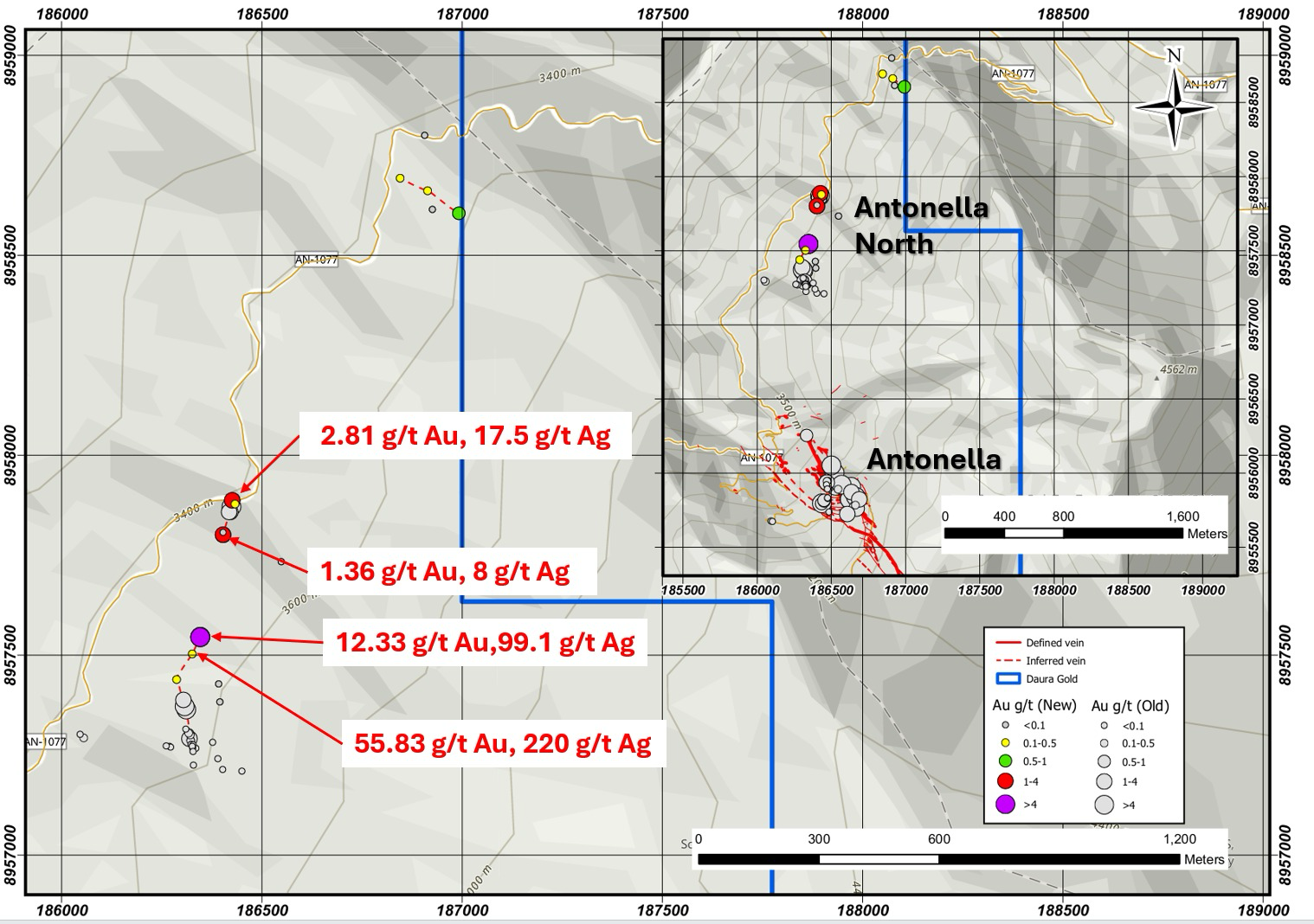Map of Antonella Main Zone, showing gold & silver concentration locations. Red arrows point to assay results.