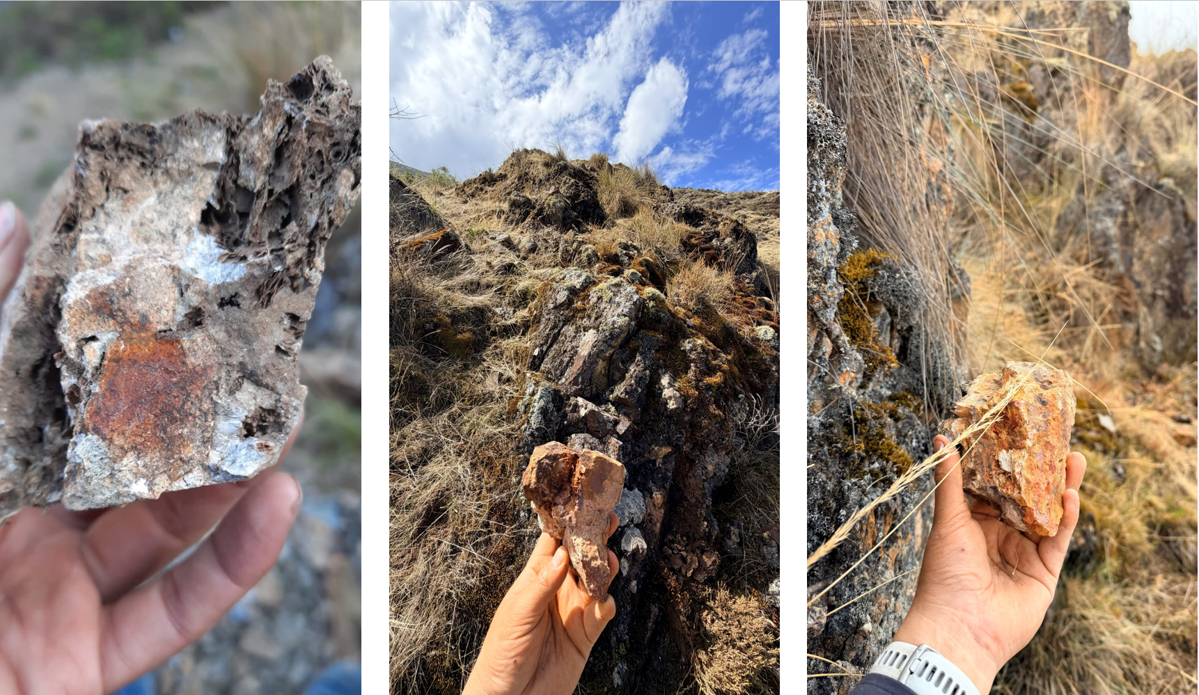 Three views of a hand holding a rock sample against a mountainous landscape. The rocks appear rusty brown.