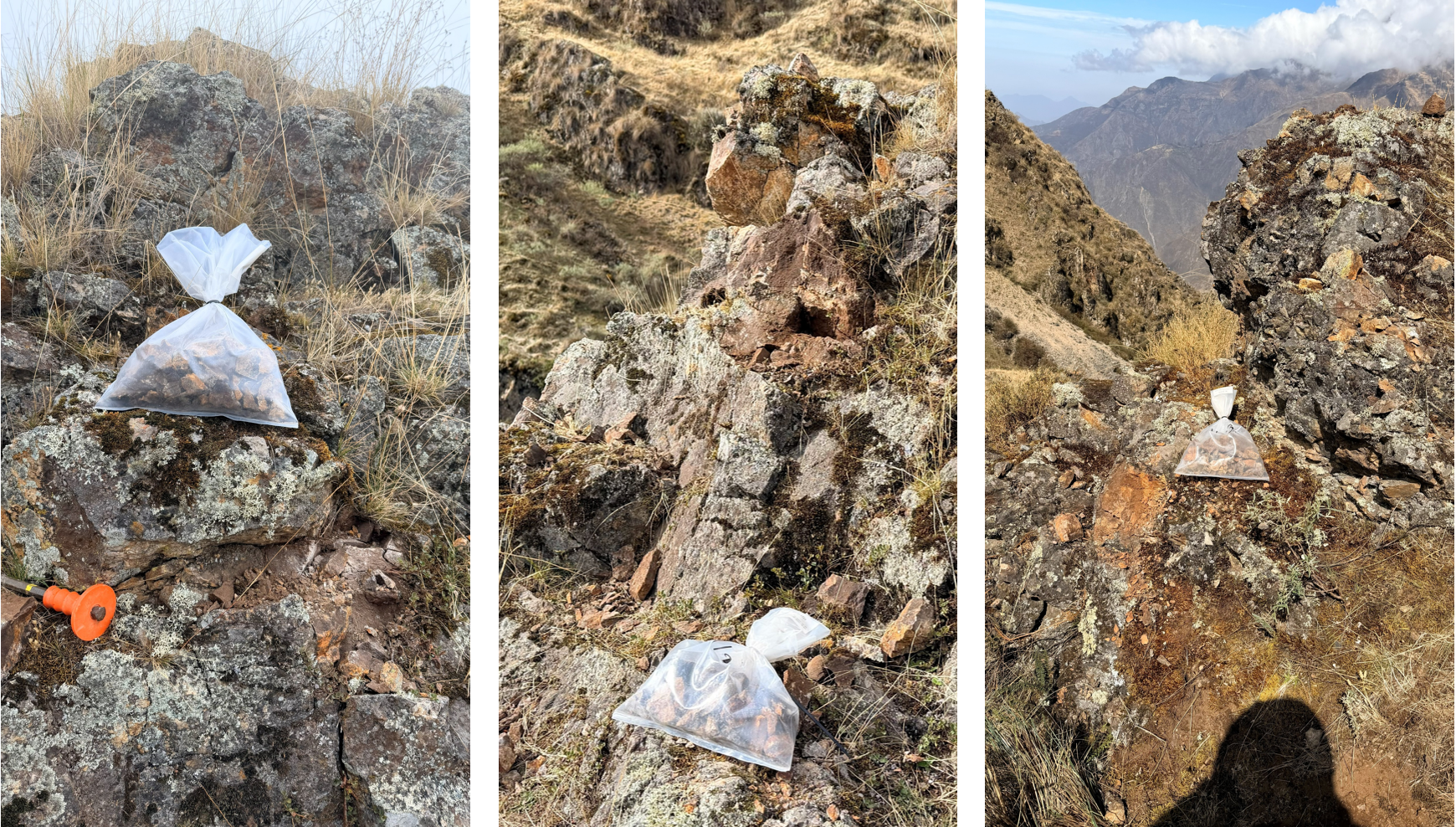 Three views: rock formations with clear plastic bags containing a light brown substance resting on or near them, outdoor setting.