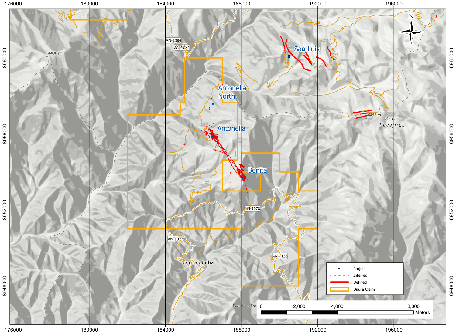 Map of a mountainous area, with property boundaries, roads, and drill locations marked in red.