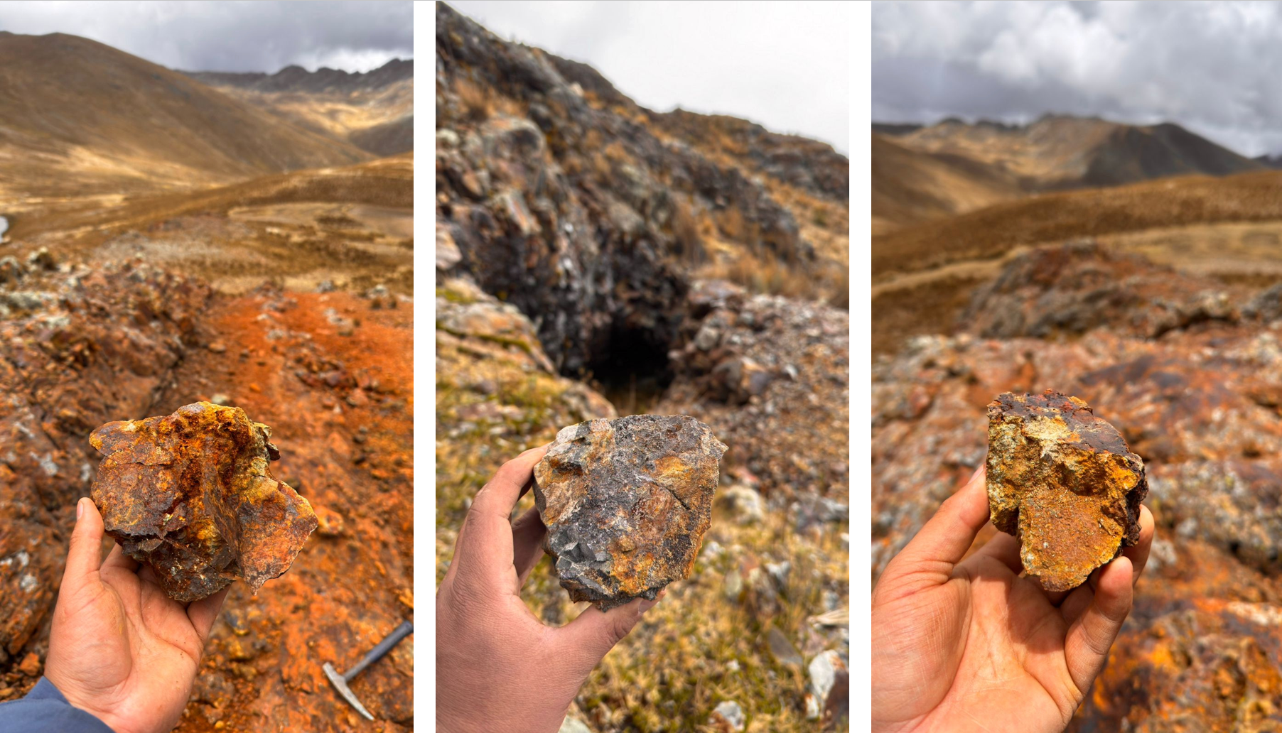 Three views of a hand holding a rock sample against a mountainous landscape. The rocks appear rusty brown.
