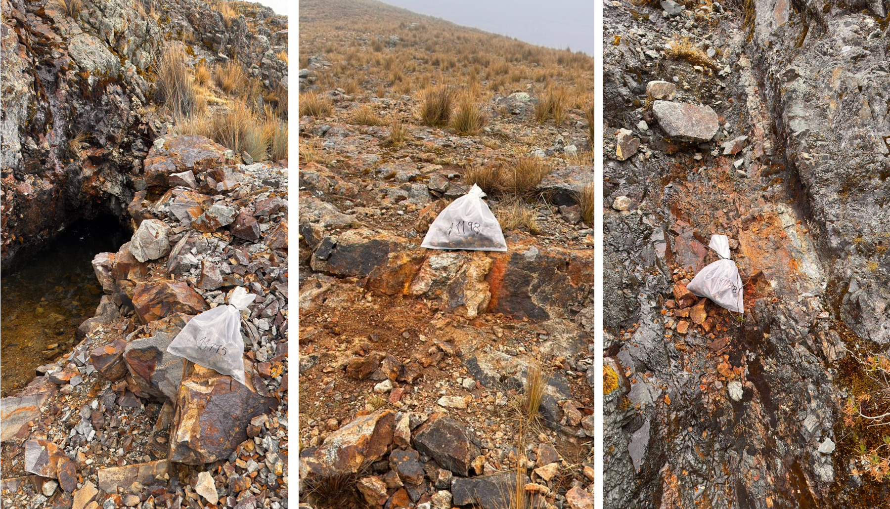 Three outdoor views of rocky terrain with plastic bags containing unknown contents.