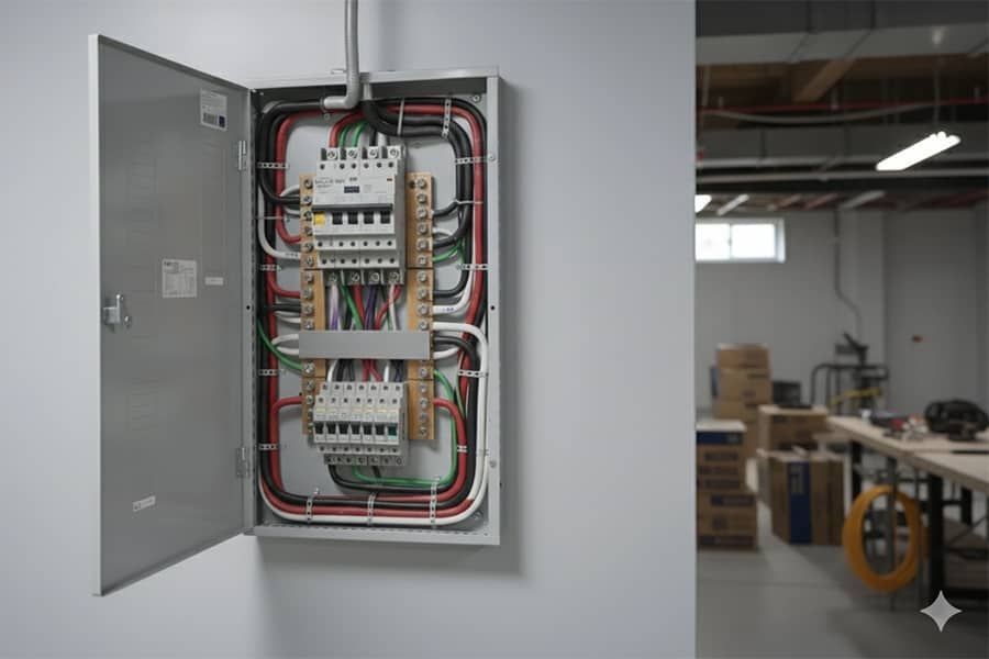 Open electrical breaker panel with exposed wiring in a gray wall cabinet; warehouse office in background