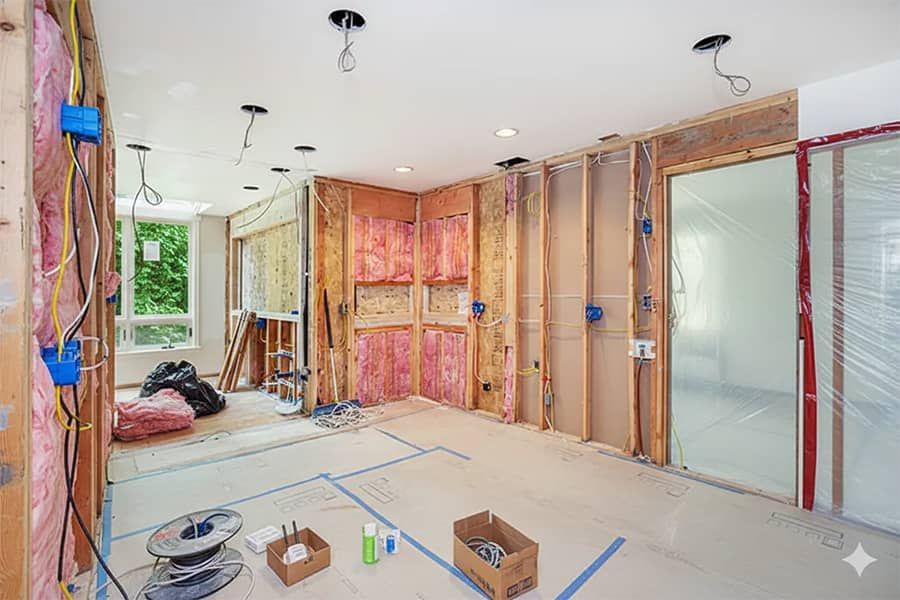 Partially renovated room with exposed insulation, open walls, and tools on the floor