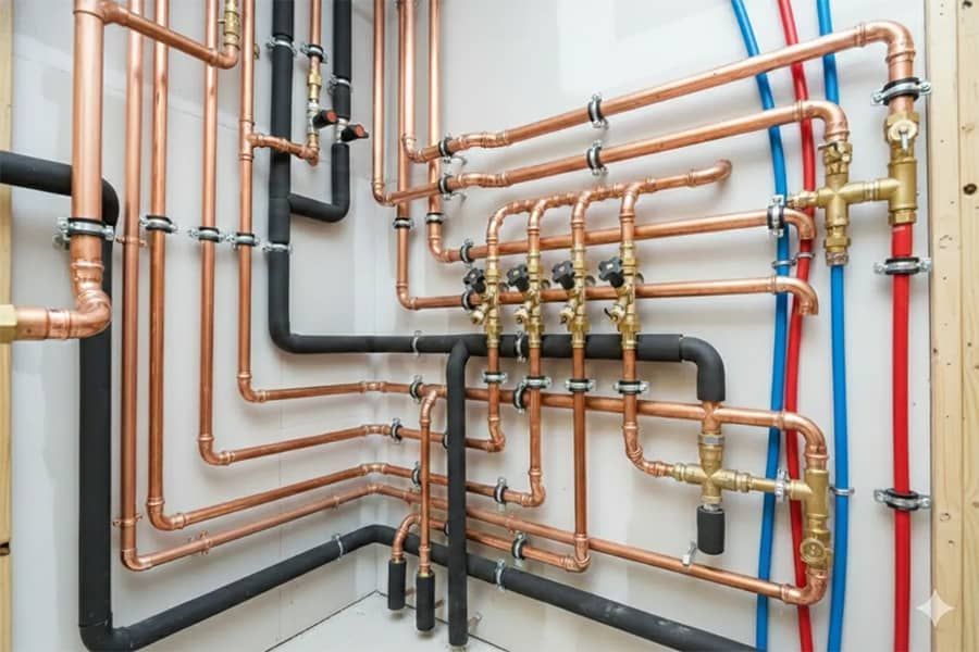 Copper and black plumbing pipes with valves and red, blue, and black lines on a wall