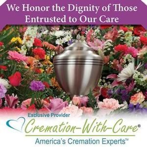 A cremation urn among colorful flowers, Cremation-With-Care advertisement.