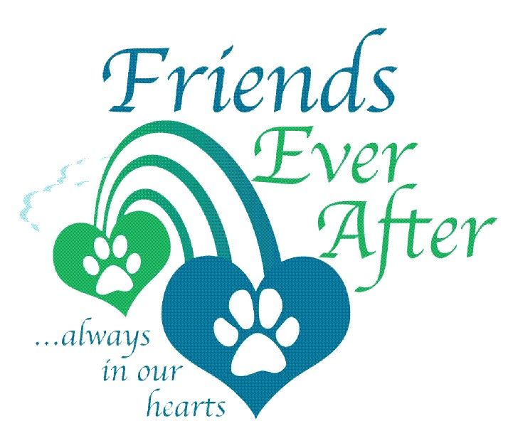 Logo with two hearts with paw prints and a rainbow: