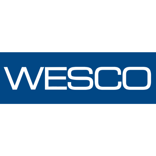 Le logo wesco est bleu et blanc sur fond blanc.