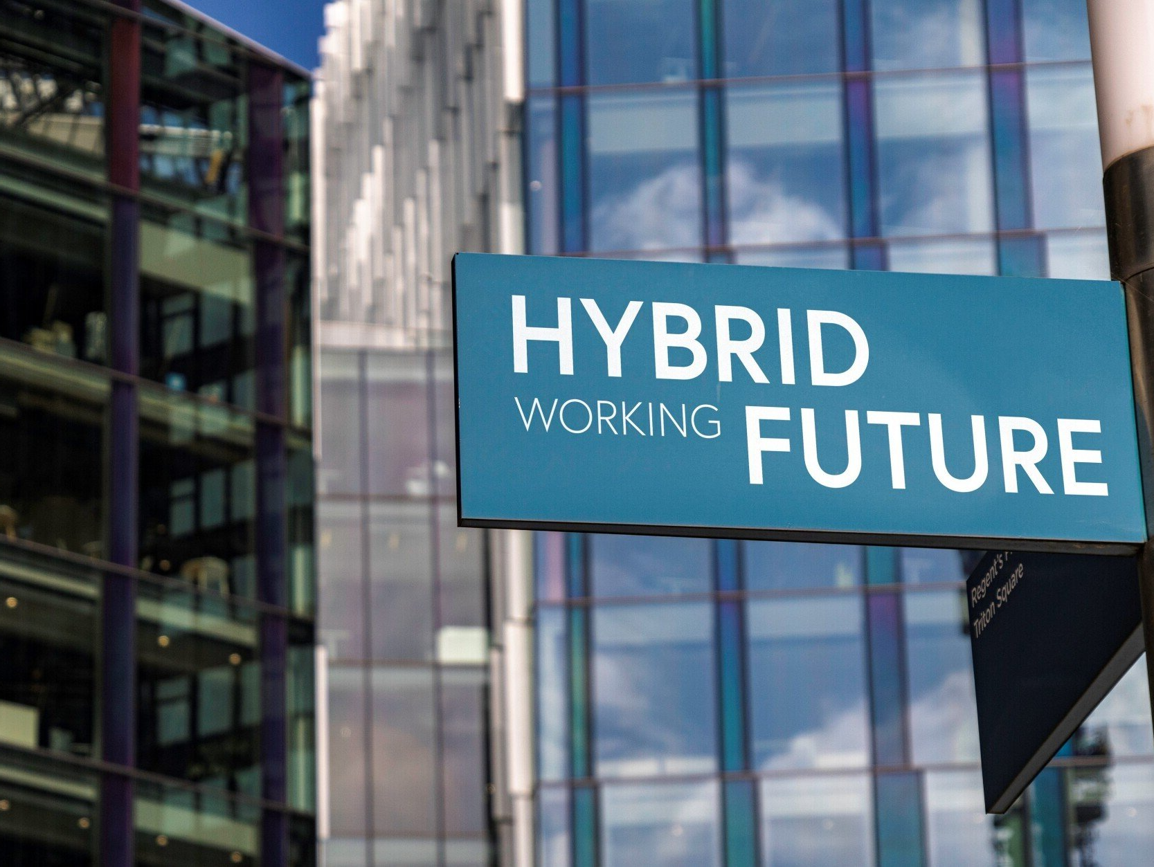 Image of buildings and a sign saying  'Hybrid Working Future'