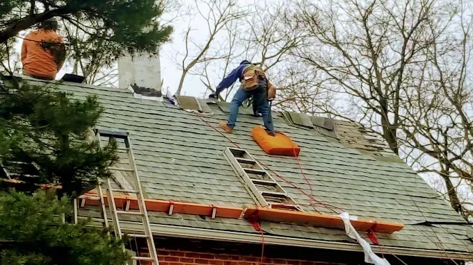 A man is standing on a ladder on top of a roof.