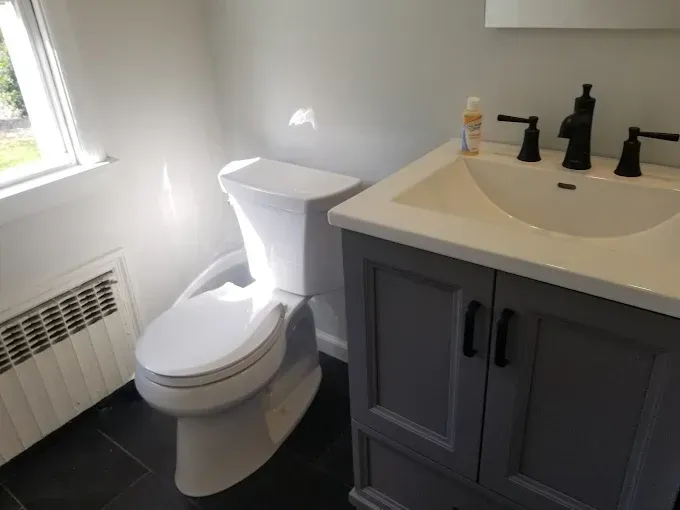 A bathroom with a toilet a sink and a window