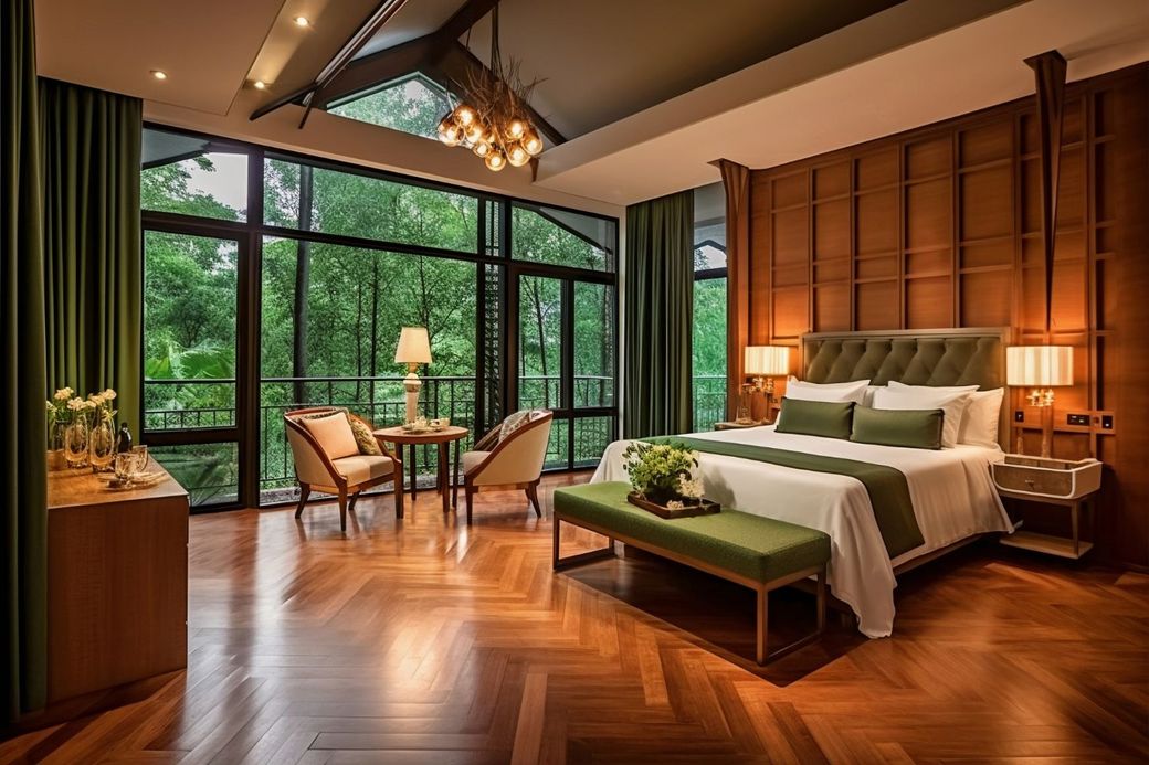 There is a large bed in the middle of the room with a lot of windows.